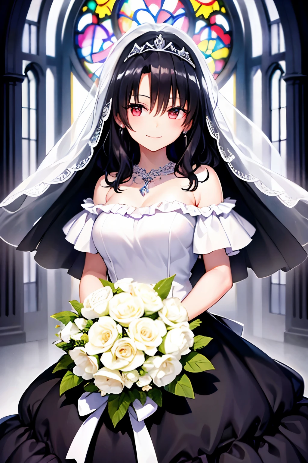 Black Hair Medium Hair、smile、White wedding dress Veil、tiara、church Stained glass、Holding a bouquet