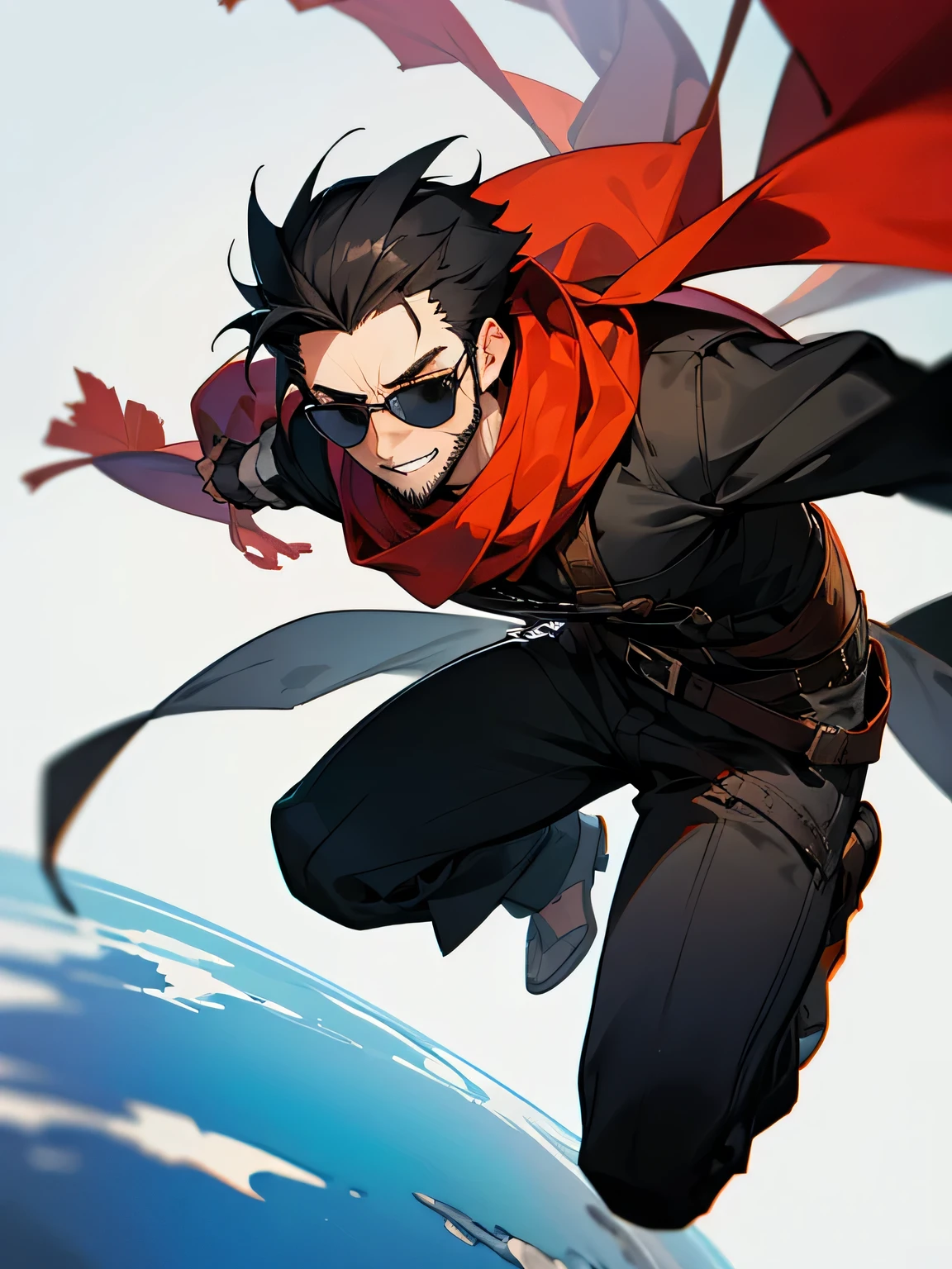 solo, from front,(looking at viewer),(full body),very short black spiky hair, big forehead, sunglasses,short beard:0.1, male eyes, male nose, male mouth, nihilistic laugh, A scarf, a traveler's clothes, a warrior's appearance,