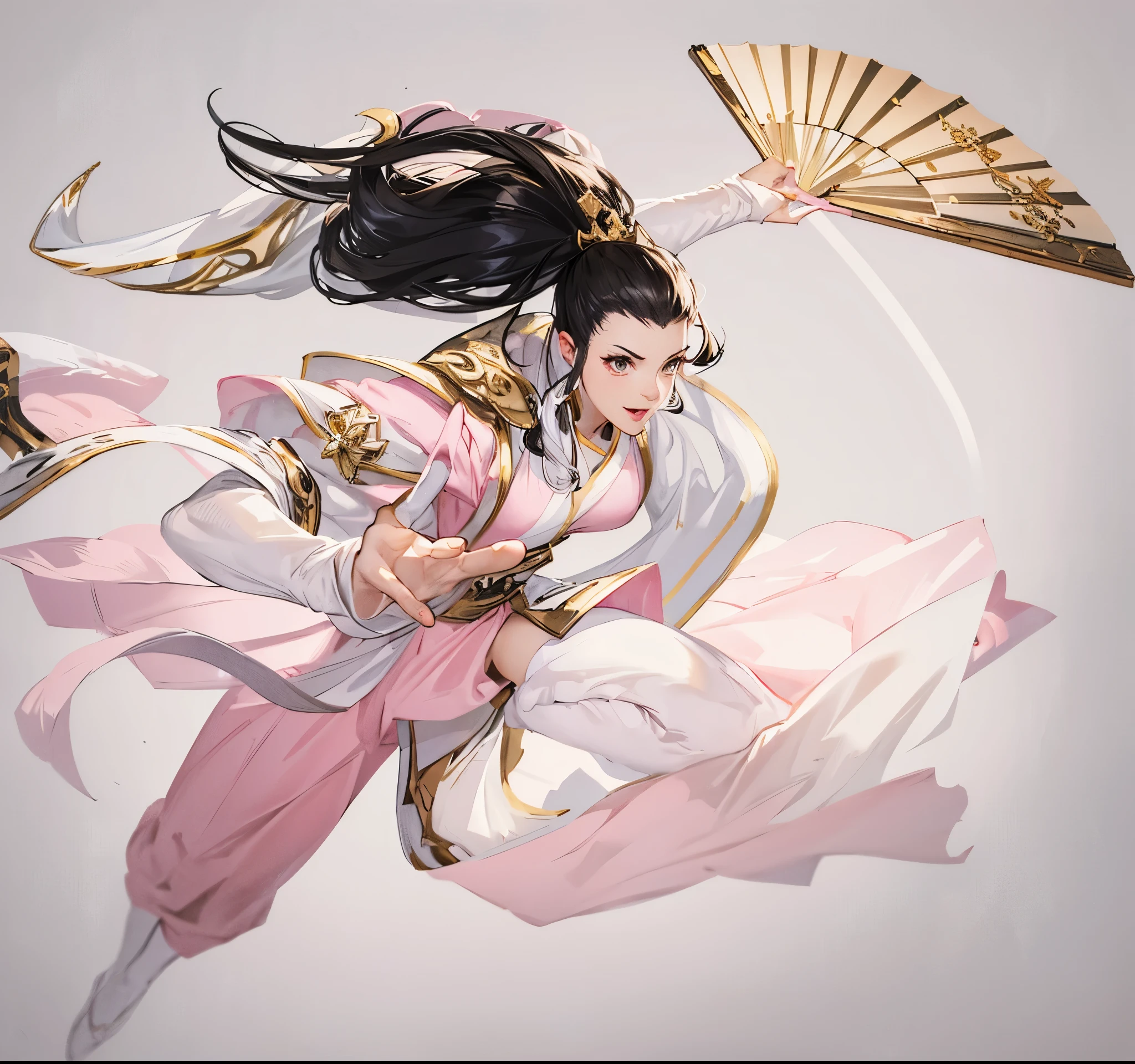 Costume，White folding fan with gold rim，Black hair，White dress with pink pattern，Pink clothes，Three Kingdoms，Gray background，White background