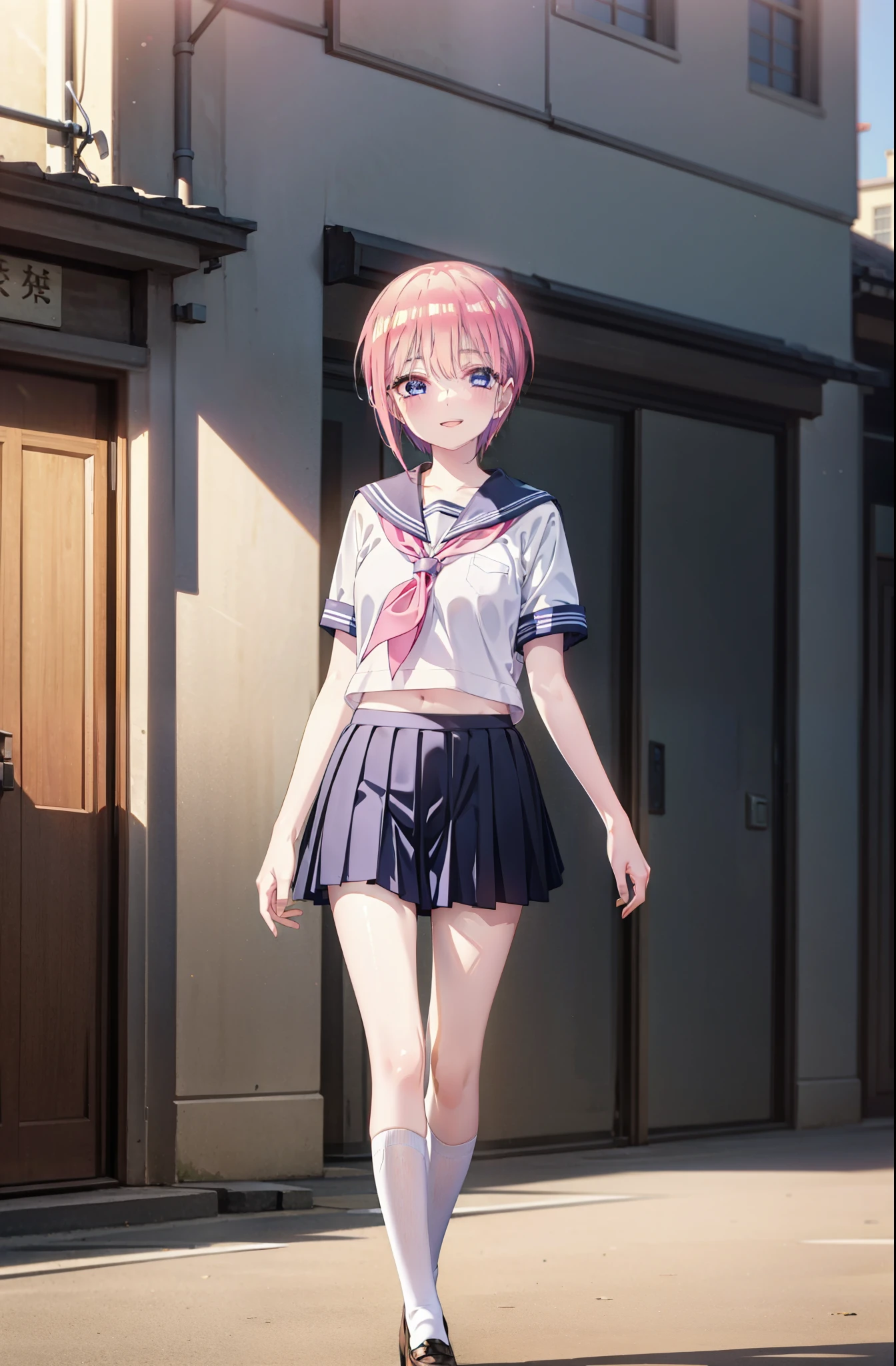 ichikanakano, ichika nakano, short hair, bangs, blue eyes, Hair between the eyes, Pink Hair, smile,happy smile, smile, Open your mouth,Big Breasts,Japanese schoolgirl(Sailor suit),Short sleeve,Black pleated skirt,black tights,Brown Loafers,evening,Sunset,The sun is setting,sunny,whole bodyがイラストが入るように,Looking up from below,Walking,
break outdoors, In town,Building district,
break looking at viewer, whole body,
break (masterpiece:1.2), highest quality, High resolution, unity 8k wallpaper, (shape:0.8), (Beautiful details:1.6), Highly detailed face, Perfect lighting, Highly detailed CG, (Perfect hands, Perfect Anatomy),