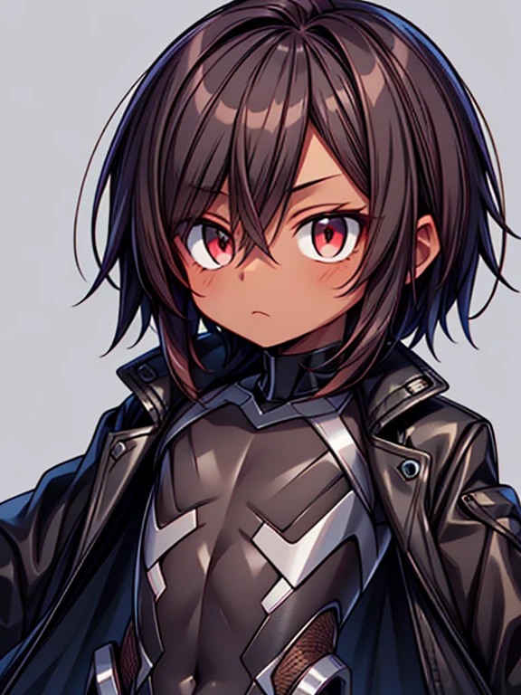 dark skin, male, flat chest, (((short dark brown hair))), big red eyes and a very androgynous face, wearing a black exoskeleton bodysuit and a long black coat taimanin with sliver accent, black armoured taimanin_suit, close up