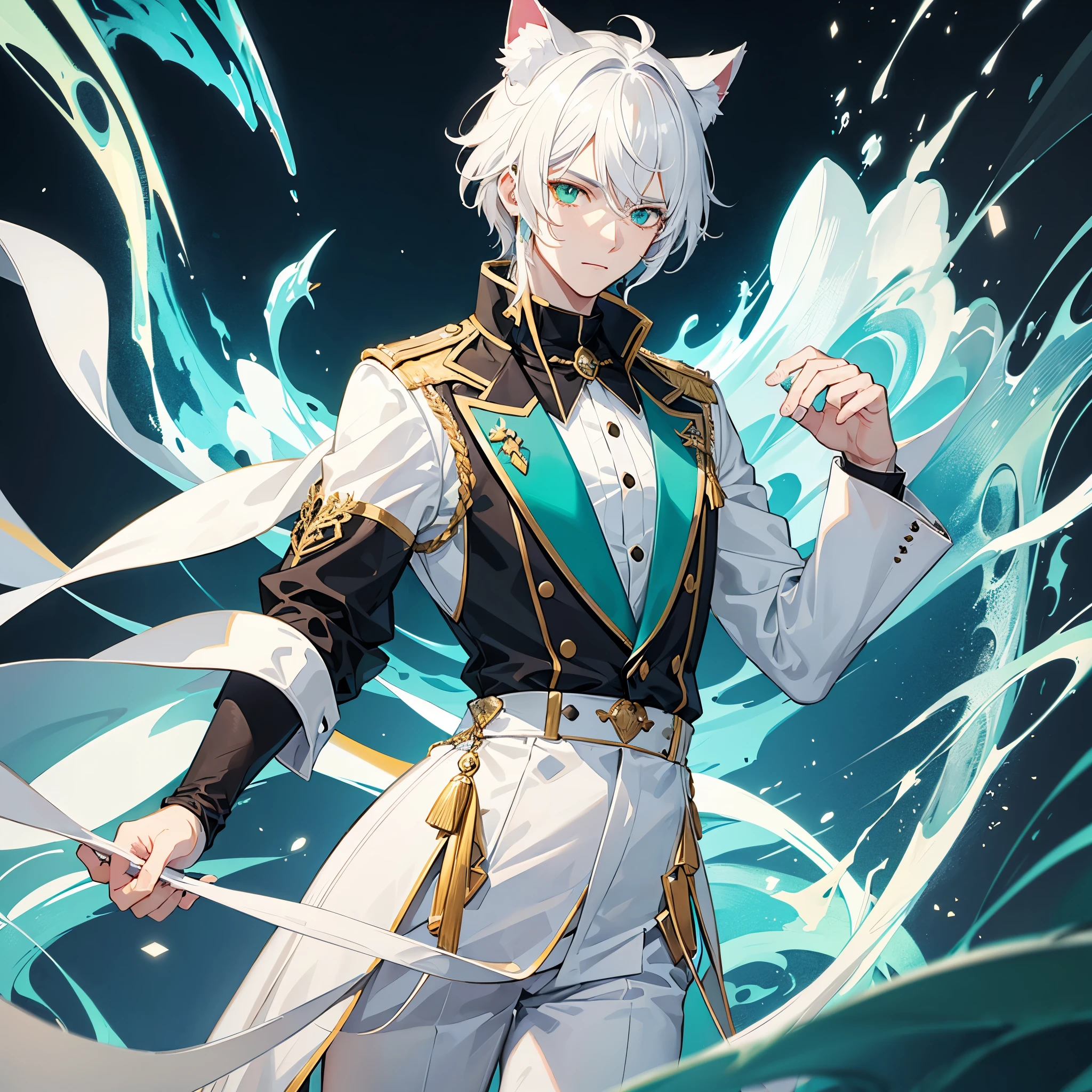 One men white hair  eye green have cat ear and tail , handsome