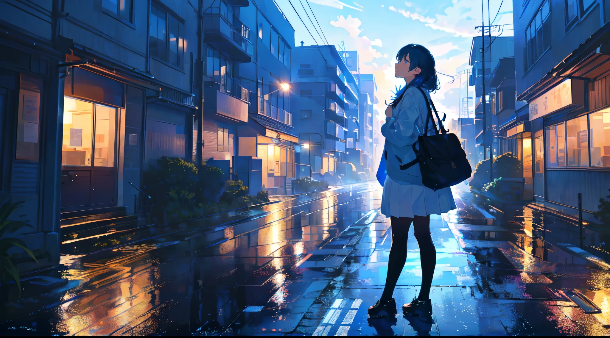 {full body view}, {best quality}, {very aesthetic}, {ultra-detailed}, {best illustration}, {雨上がりの道路でLooking up at the sky女の子の横顔}, Top view,　{Super fine hair}, Backlight, Refreshing atmosphere, urban office district, blue sky,　Super elaborate face, Super elaborate fingers, extremely detailed,　 Rain-soaked road, A clear sky, A composition leaning towards the left edge, {Looking up at the sky},