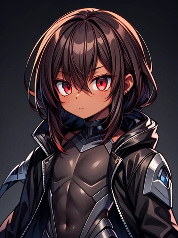 dark skin, male, (((short dark brown hair))), big red eyes and a very androgynous face, wearing a black exoskeleton bodysuit and a long black coat taimanin with sliver accent, black armoured taimanin_suit,