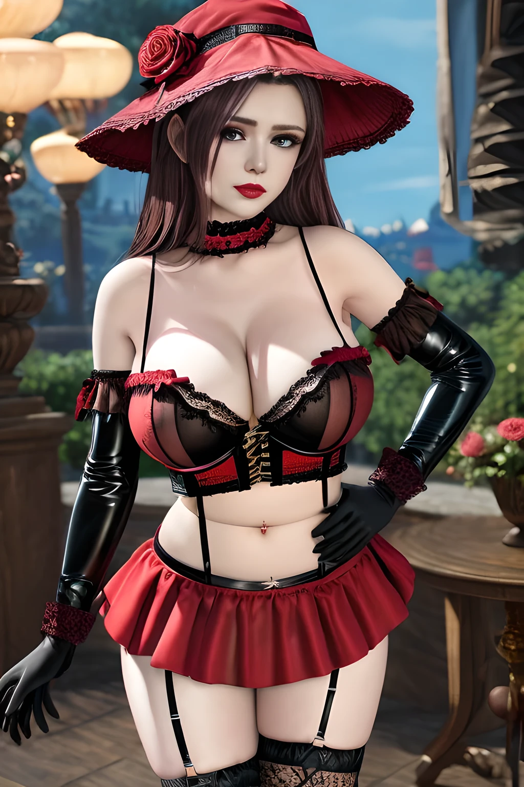 1 girl,BREAK (Royal:1.4), (red and black theme:1.5), ((red) bucket hat with rose corsage:1.4), (fusion of black high neck crop top and latex (red bustier):1.4), ((floral lace, see-through):1.3), ((sleeveless, bare shoulders):1.3), (red tiered skirt with black ruffles:1.4), ((ultra long gloves) with floral lace:1.3), (wrap a (cat garter) around thighs:1.4), outdoor,elegant,nighttime,moonlighe,shiny skin,( huge breasts), lip gloss,tattoos, masterpiece, best quality, realistic ,Surrealism,natural colors art in 8k,soft shadows,High-definition RAW color photos professional portrait photos,solo,  elise,