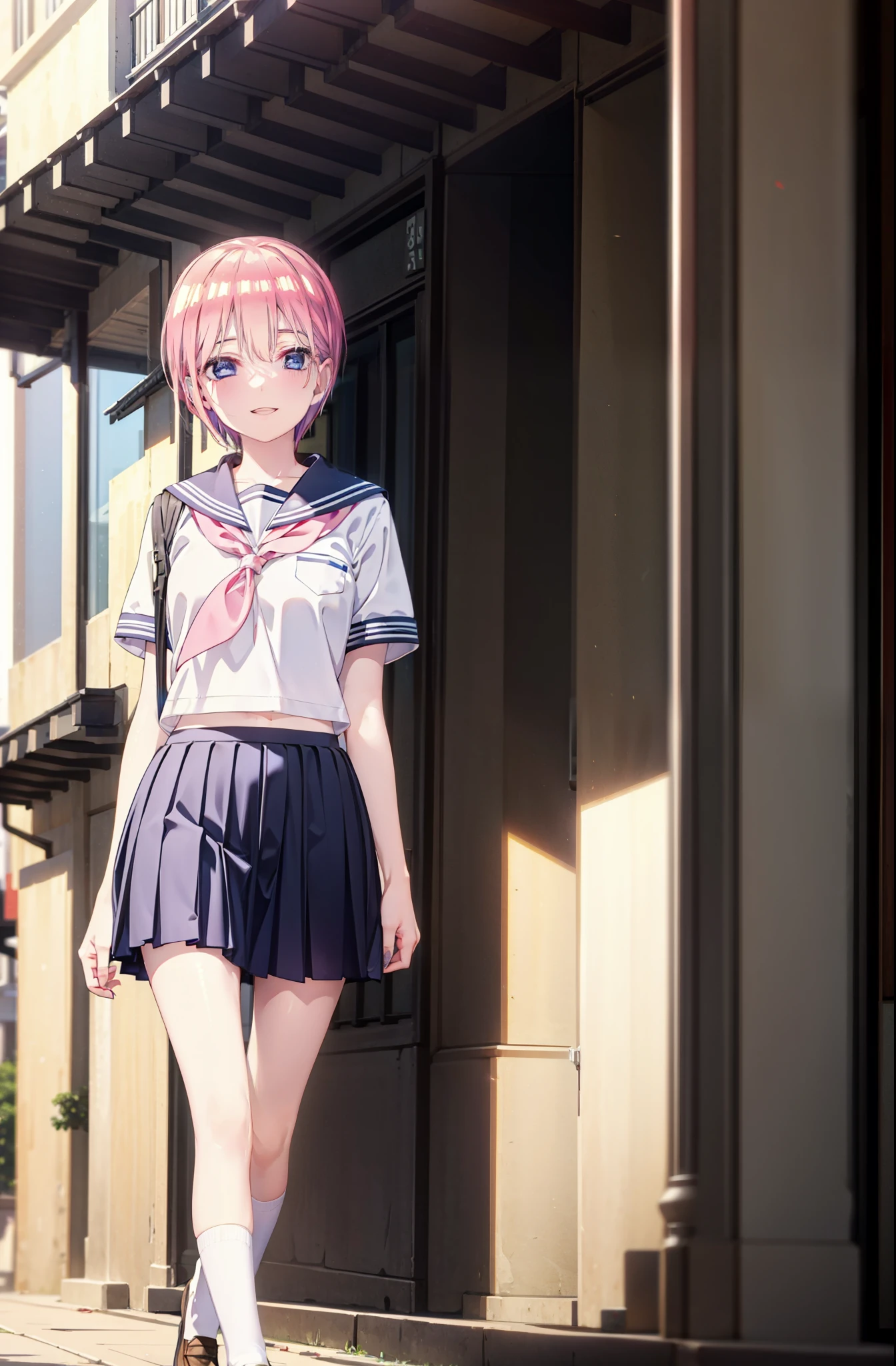 ichikanakano, ichika nakano, short hair, bangs, blue eyes, Hair between the eyes, Pink Hair, smile,happy smile, smile, Open your mouth,Big Breasts,Japanese schoolgirl(Sailor suit),Short sleeve,Black pleated skirt,black tights,Brown Loafers,evening,Sunset,The sun is setting,sunny,whole bodyがイラストが入るように,Looking up from below,Walking,
break outdoors, In town,Building district,
break looking at viewer, whole body,
break (masterpiece:1.2), highest quality, High resolution, unity 8k wallpaper, (shape:0.8), (Beautiful details:1.6), Highly detailed face, Perfect lighting, Highly detailed CG, (Perfect hands, Perfect Anatomy),