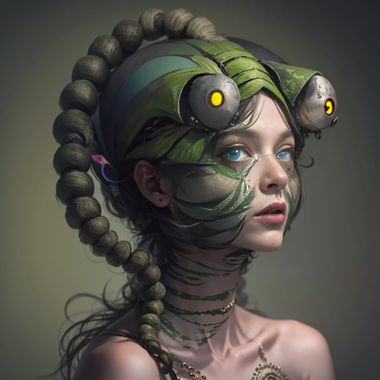A monster with a caterpillar's face turned into a woman's face、The body is a caterpillar、Face Only Female、The woman's face is beautiful but she looks like she's about to cry.、