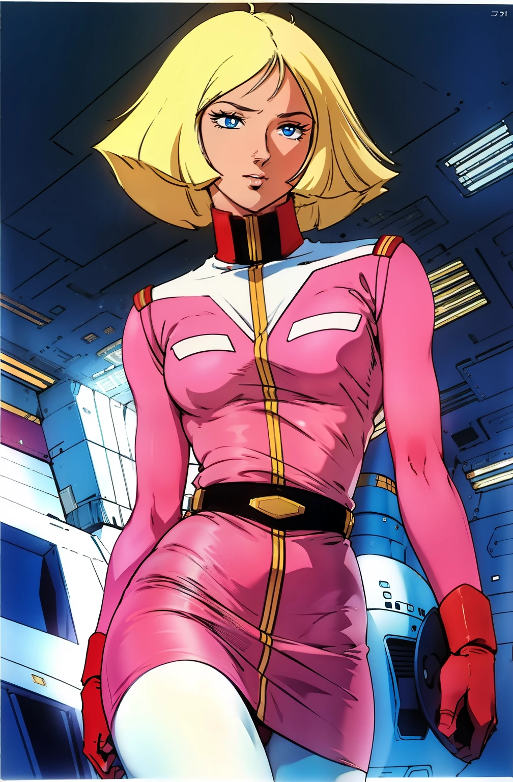 ((masterpiece)), ((cinematic lighting)), realistic photo、Real Images、Top image quality、1girl in, sayla mass, Elegant, masterpiece, Convoluted, slim arms, wide hips, thick thighs, thigh gaps, Best Quality, absurderes, high face detail, Perfect eyes, mature, Cowboy Shot, , Vibrant colors, soft pink uniform, soft pink Skirt, white tights