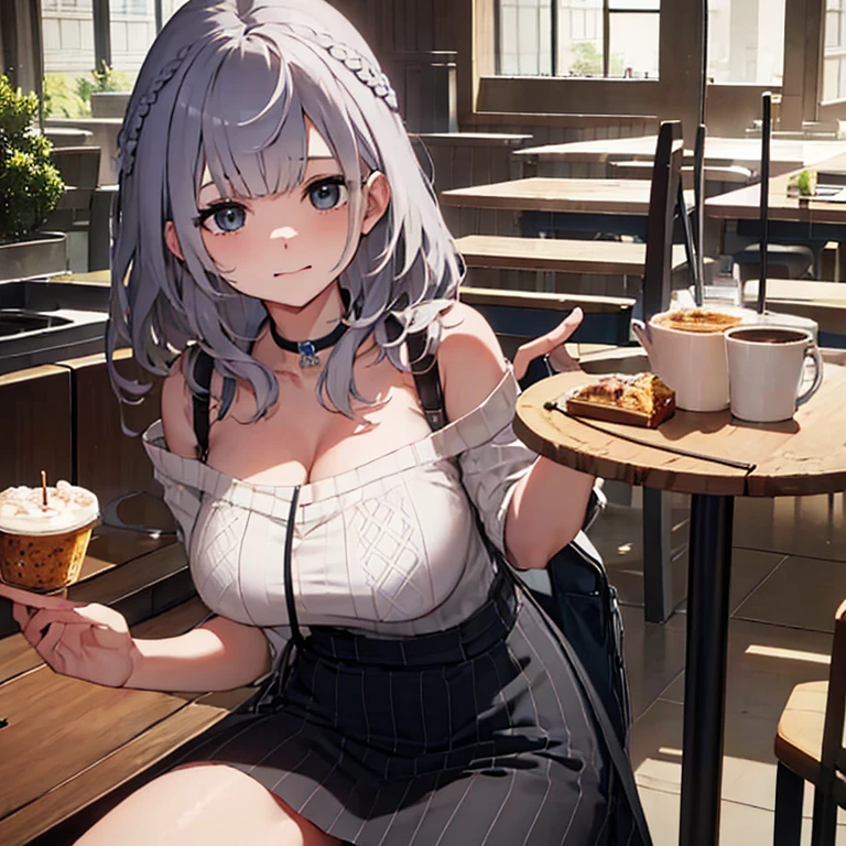 I&#39;m in a lot of trouble、I am going to cry、
highest quality,cute、Confused face、Inside the cafe、Sitting、Perfect Fingers、Big Breasts、3✕3の目、black eye、Gray Hair、