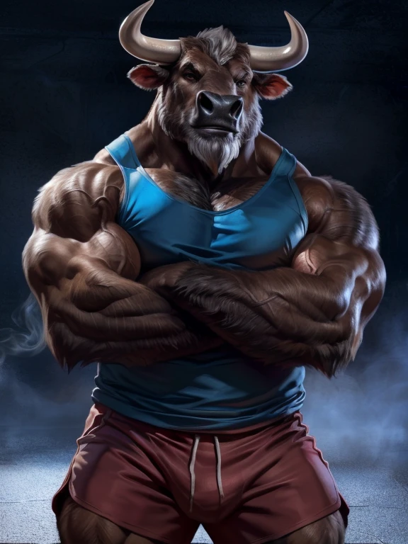 4k, high resolution, best quality, perfect colors, perfect shadows, posted on e621, (close up, portrait, upper body shot), furry body, solo, anthro brown bull, (monotone brown fur, anatomically correct bovine tail:1.3), male, (middle-aged, mature:1.2), (curved bovine horns), (short full grey beard:1.6), grey hair, (massive strongman, heavily muscular, beefy, veiny, buff, manly, masculine:1.4), correct anatomy, (photorealistic fur, detailed fur, epic, masterpiece:1.2), (by Taran Fiddler, by Chunie, by Rukis, Bonifasko lighting), detailed bull eyes,, (blue sports tank-top:1.3), (red shorts:1.4), ((arms crossed)), best posture, smile, spotlights, (bulge:0.5), smoky room backdrop