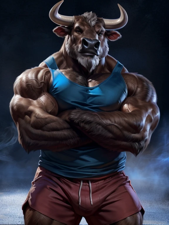 4k, high resolution, best quality, perfect colors, perfect shadows, posted on e621, (close up, portrait, upper body shot), furry body, solo, anthro brown bull, (monotone brown fur, anatomically correct bovine tail:1.3), male, (middle-aged, mature:1.2), (curved bovine horns), (short full grey beard:1.6), grey hair, (massive strongman, heavily muscular, beefy, veiny, buff, manly, masculine:1.4), correct anatomy, (photorealistic fur, detailed fur, epic, masterpiece:1.2), (by Taran Fiddler, by Chunie, by Rukis, Bonifasko lighting), detailed bull eyes,, (blue sports tank-top:1.3), (red shorts:1.4), ((arms crossed)), best posture, smile, spotlights, (bulge:0.5), smoky room backdrop