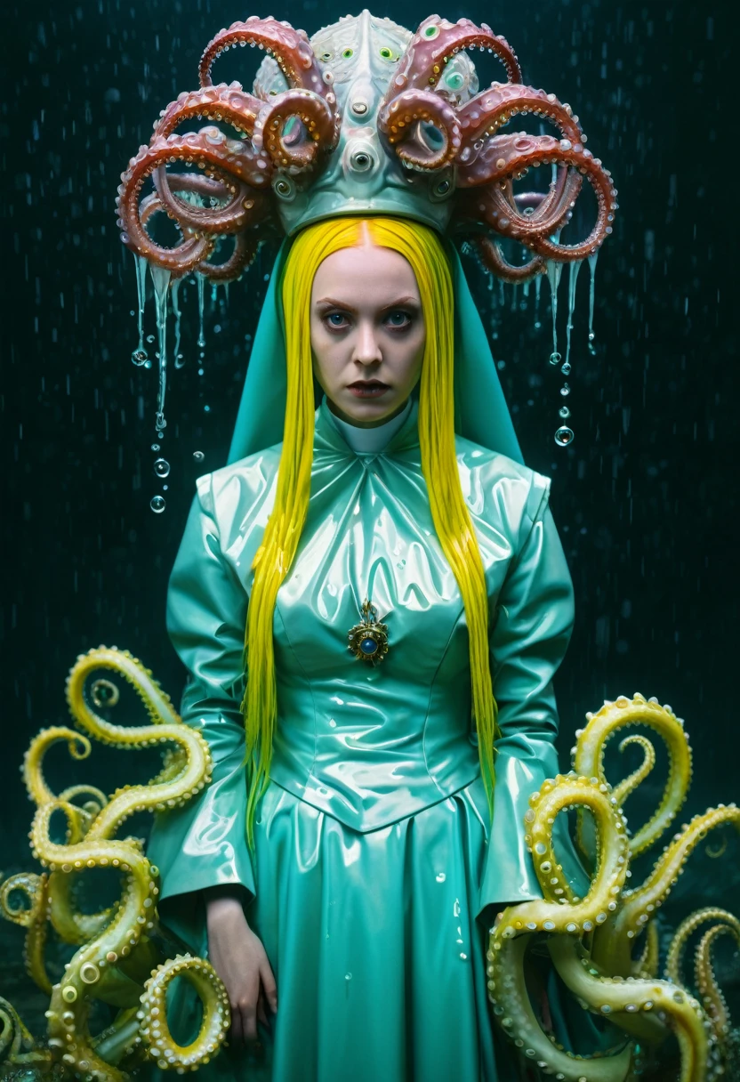 8K, ARTISTIC photogrAphy, best quAlity, mAsterpiece: 1.2), A (potrAit:1.2) witch BLOOD Toon Doll Cthulhu nun QUEEN, EYES, CYAN many octopus style tentacles, full body RAW candid cinema, yellow hair, 16mm, color graded portra 400 film, remarkable color, ultra realistic, sad admosphere, dark lighting, oppressive atmosphere, depressive colors, kodak portra 400, photograph,r, Natural Light, Pinhead lighgts, blur reflection, Brush Strokes, Smooth, abstract, Splatter, Oil On Canvas, rainbow colors, fractal isometrics details bioluminescens : a stunning realistic photograph of wet bone structure, 3d render, octane render, intricately detailed, titanium decorative headdress, cinematic, trending on artstation | Isometric | Centered