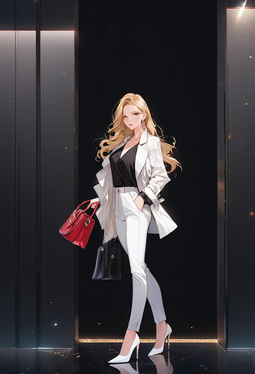 (best quality), ((masterpiece)), (highres), illustration, original, extremelydetailed,1girl, solo, white pants, blonde hair, breasts, jewelry, bag, handbag, earrings, pants, long hair, white jacket, jacket, cleavage, holding bag, high heels, black background, full body, hair behind ear, holding, looking at viewer, medium breasts, white footwear