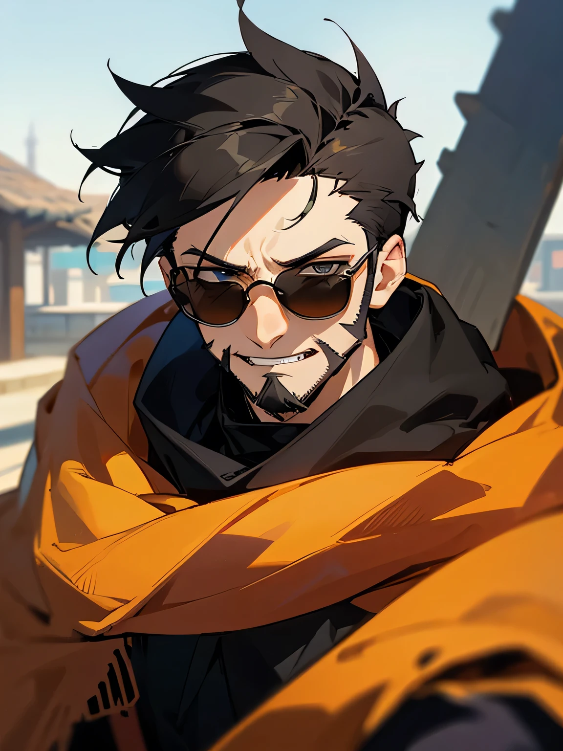 solo, from front,(looking at viewer),(close up face),very short black spiky hair, big forehead, sunglasses,short beard:0.1, male eyes, male nose, male mouth, nihilistic laugh, A scarf, a traveler's clothes, a warrior's appearance,