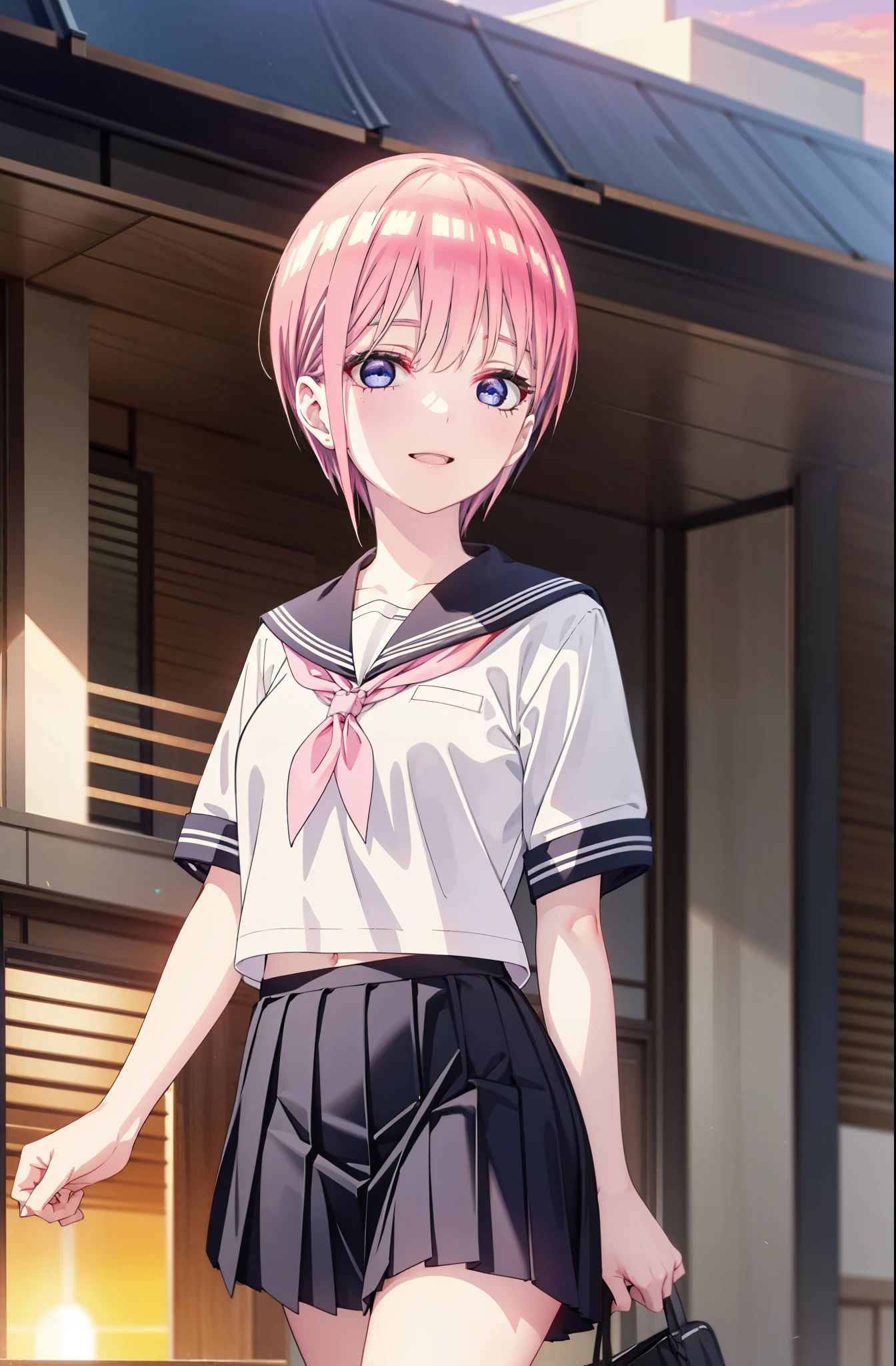 ichikanakano, ichika nakano, short hair, bangs, blue eyes, Hair between the eyes, Pink Hair, smile,happy smile, smile, Open your mouth,Big Breasts,Japanese schoolgirl(Sailor suit),Short sleeve,Black pleated skirt,black tights,Brown Loafers,evening,Sunset,The sun is setting,sunny,whole bodyがイラストが入るように,Looking up from below,Walking,
break outdoors, In town,Building district,
break looking at viewer, whole body,
break (masterpiece:1.2), highest quality, High resolution, unity 8k wallpaper, (shape:0.8), (Beautiful details:1.6), Highly detailed face, Perfect lighting, Highly detailed CG, (Perfect hands, Perfect Anatomy),
