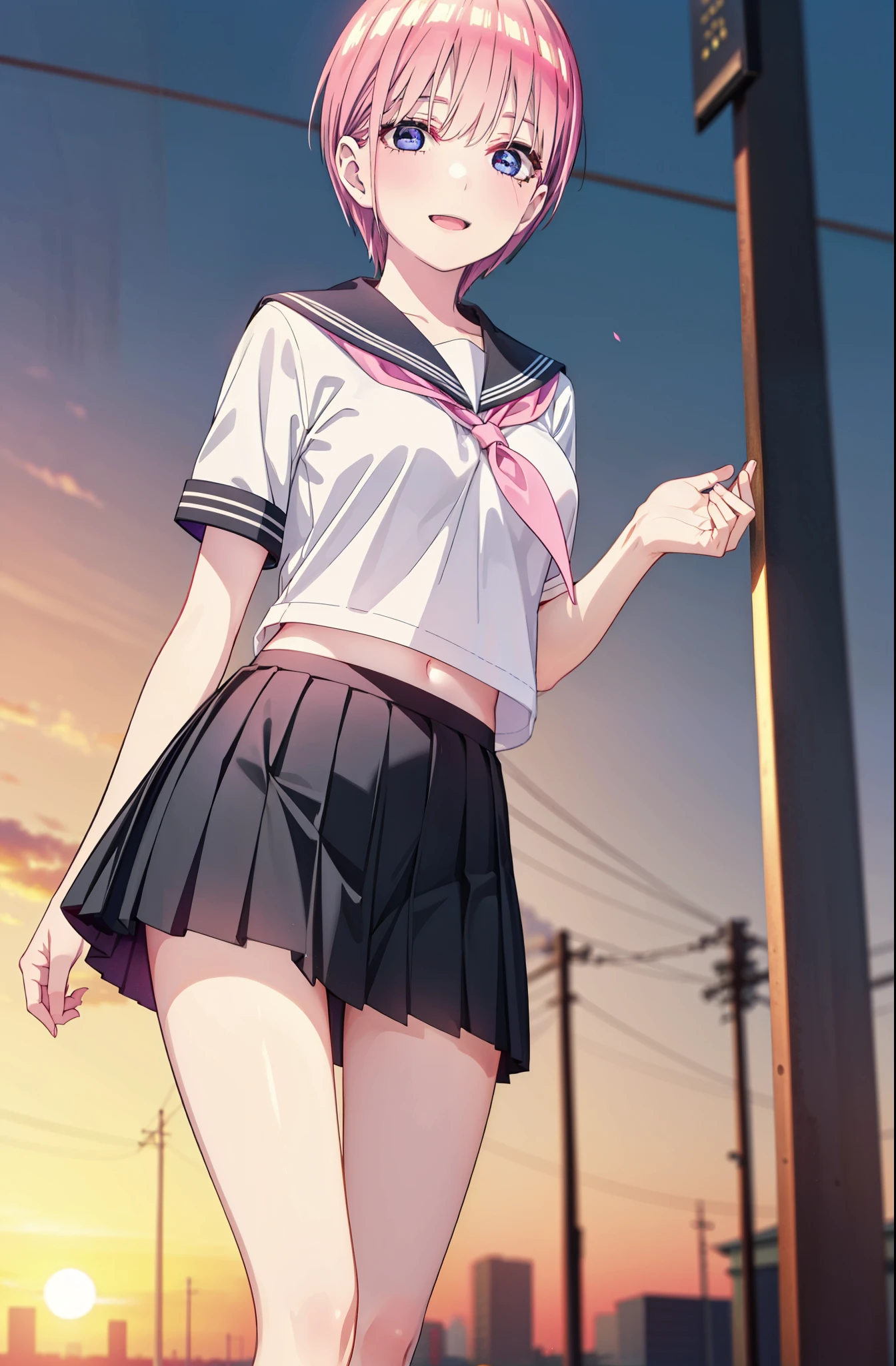 ichikanakano, ichika nakano, short hair, bangs, blue eyes, Hair between the eyes, Pink Hair, smile,happy smile, smile, Open your mouth,Big Breasts,Japanese schoolgirl(Sailor suit),Short sleeve,Black pleated skirt,black tights,Brown Loafers,evening,Sunset,The sun is setting,sunny,whole bodyがイラストが入るように,Looking up from below,Walking,
break outdoors, In town,Building district,
break looking at viewer, whole body,
break (masterpiece:1.2), highest quality, High resolution, unity 8k wallpaper, (shape:0.8), (Beautiful details:1.6), Highly detailed face, Perfect lighting, Highly detailed CG, (Perfect hands, Perfect Anatomy),