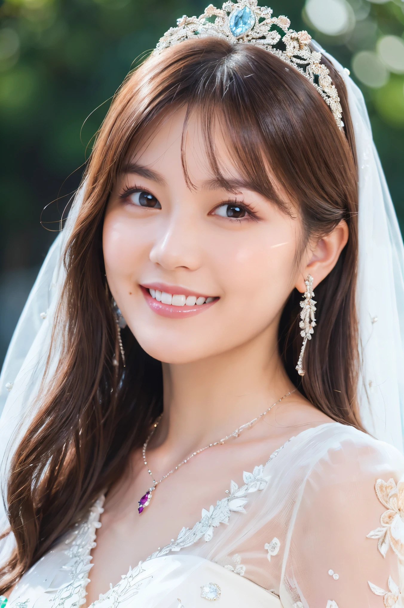 (highest quality、Tabletop、8k、Best image quality、Award-winning works)、One beautiful bride、(alone:1.1)、(The most extravagant and gorgeous huge wedding dresses:1.1)、(Perfect Wedding Lace:1.2)、(The most extravagant and luxurious giant tiara:1.1)、(The most extravagant and luxurious giant necklace:1.1)、The most beautiful smile is looking at me、A wide selection of the finest jewellery、(Bridal upper body photo:1.1)、Perfect Makeup、Long eyelashes、Ultra HD Shining Eyes、Ultra HD Hair、Ultra High Resolution Glossy Lips、Ultra High Resolution Perfect Teeth、Beautiful face in ultra-high definition、(Accurate anatomy:1.1)、(Very bright and beautiful skin:1.2)、(very bright and vivid:1.2)、(Luxury wedding venue background:1.1)