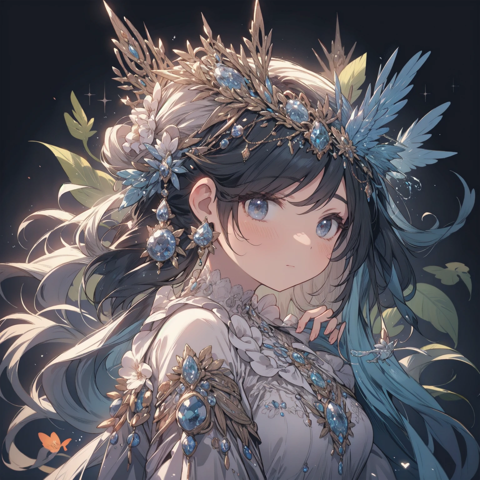 natural lighting, soft smile, seductive grin, upturned cheeks, half up-do, floating hair, coquettish hair, slightly shining hair, dress, silk, satin, silky gloss, 1girl, solo, evening, starry sky, spring ephemerals, profile, crystal, glassy gloss, amorphous dress, tropical bird, fire fly, lighting fly, butter fly, morpho, jewelry, ornaments, antique,