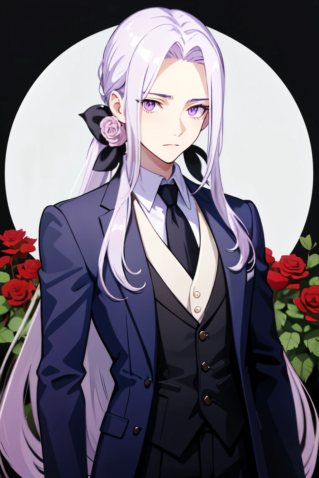 anime, light purple hair, high ponytail, very long ponytail, split bangs, pink eyes, dark blue suit, purple roses, ribbon cravat, tailcoat, parted bangs, long bangs, bangs parted in the middle, bishounen, middle parted bangs, masculine, show forehead, sephiroth bangs