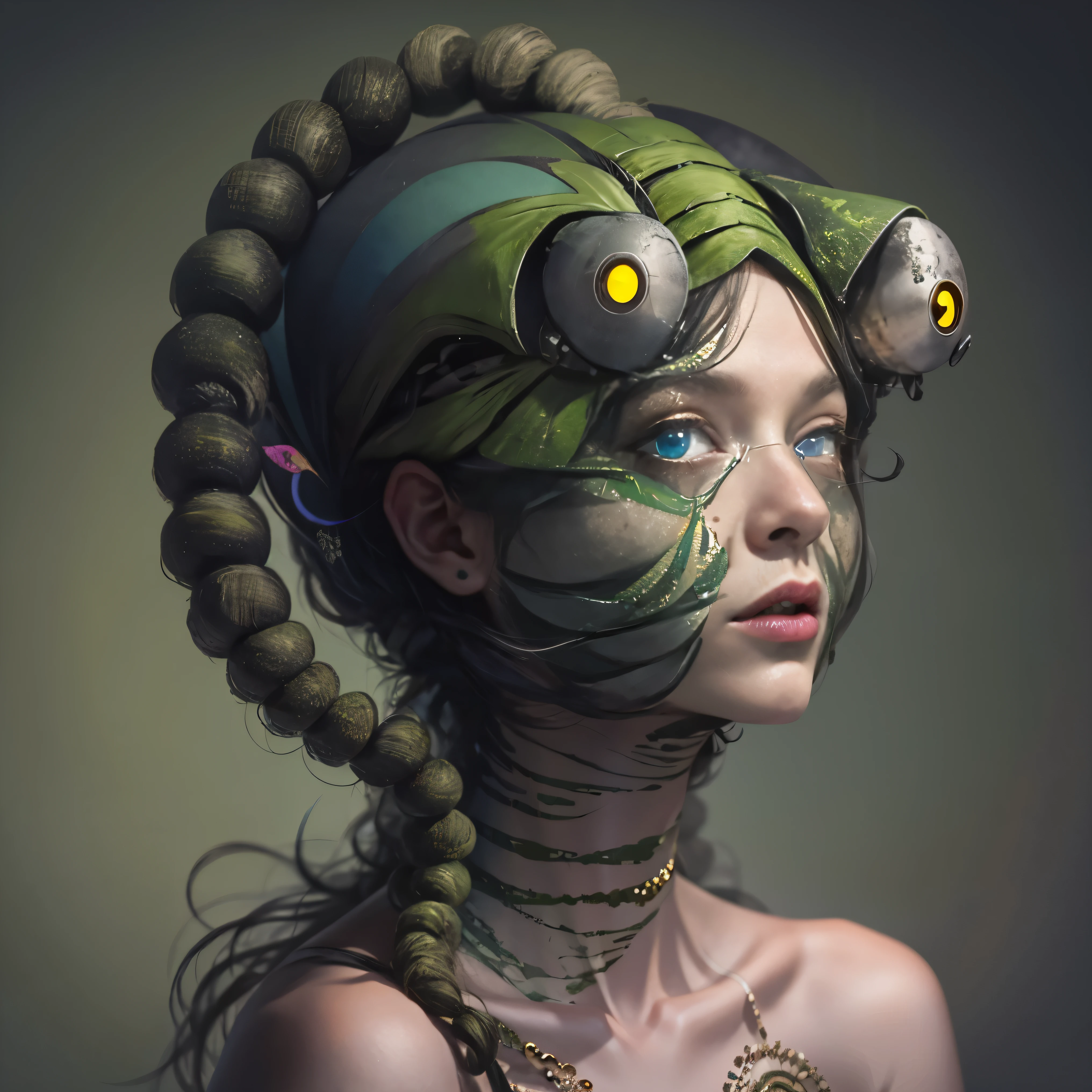 A monster with a caterpillar's face turned into a woman's face、The body is a caterpillar、Face Only Female、The woman's face is beautiful but she looks like she's about to cry.、