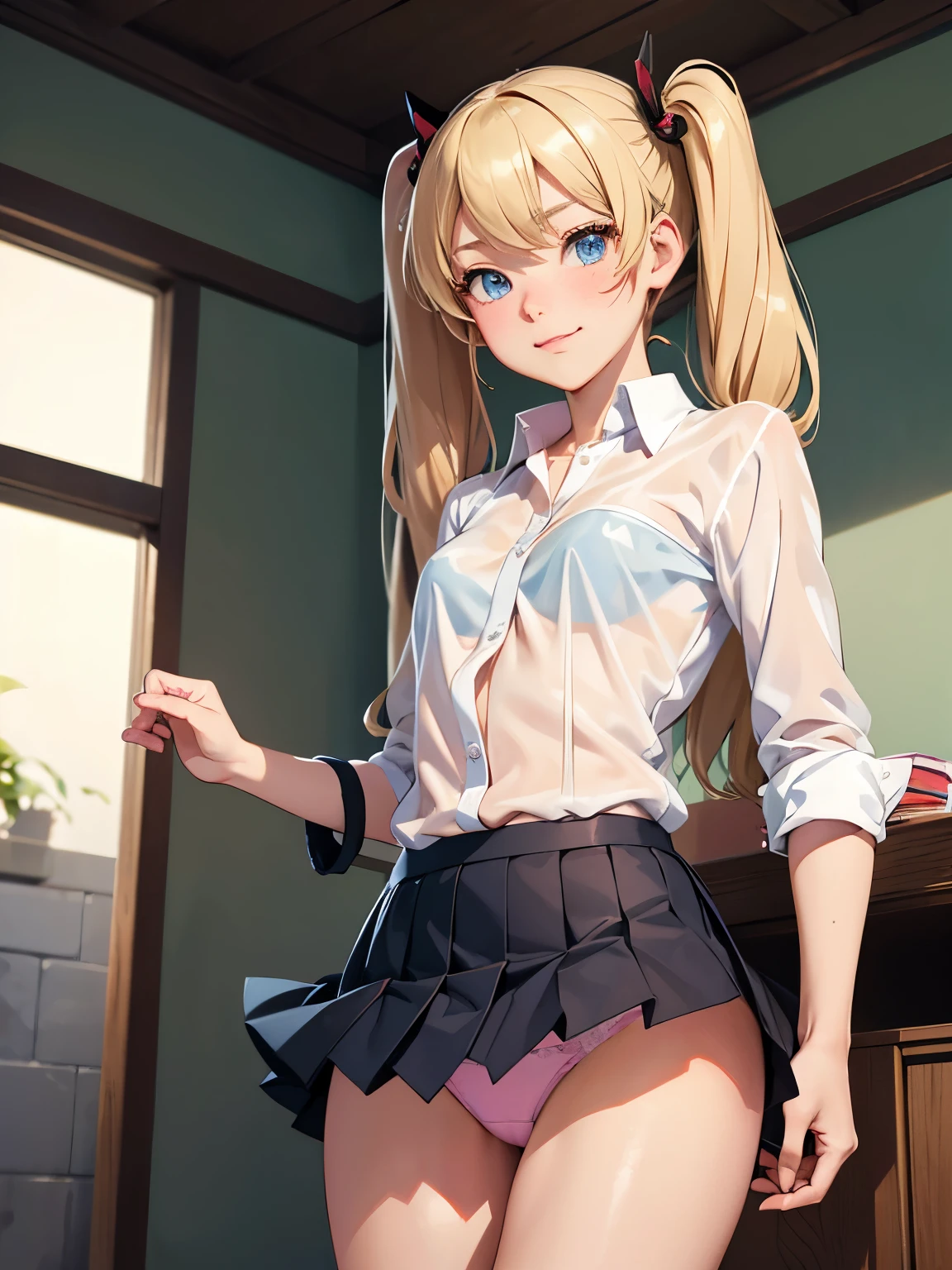 akizuki airi. oni chichi, masterpiece, highest quality, Very detailed, figure, Flat Color, Depth of written boundary, , , 1 girl, young, anime, Returning Home, full length, blonde, Twin tails, Looking at the audience, red pleated mini skirt, Wet white button-down shirt, , black tights, See-through underwear,Detailed fabric texture, Beautifully detailed face, blue eyes, A light smile, Pink Panties,Undress in the dressing room