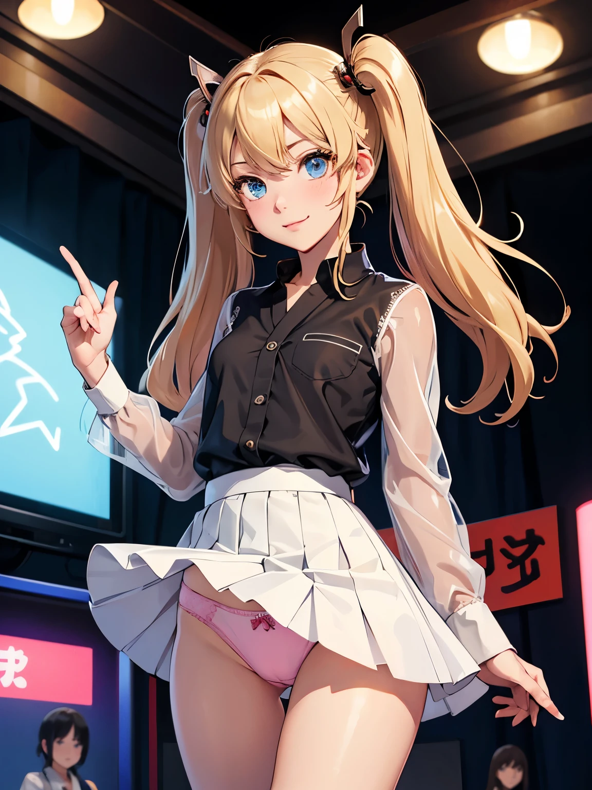 akizuki airi. oni chichi, masterpiece, highest quality, Very detailed, figure, Flat Color, Depth of written boundary, , , 1 girl, young, anime, Returning Home, full length, blonde, Twin tails, Looking at the audience, red pleated mini skirt, Wet white on-down shirt, , black tights, See-through underwear,Detailed fabric texture, Beautifully detailed face, blue eyes,  A light smile, Pink Pantress in the dressing room