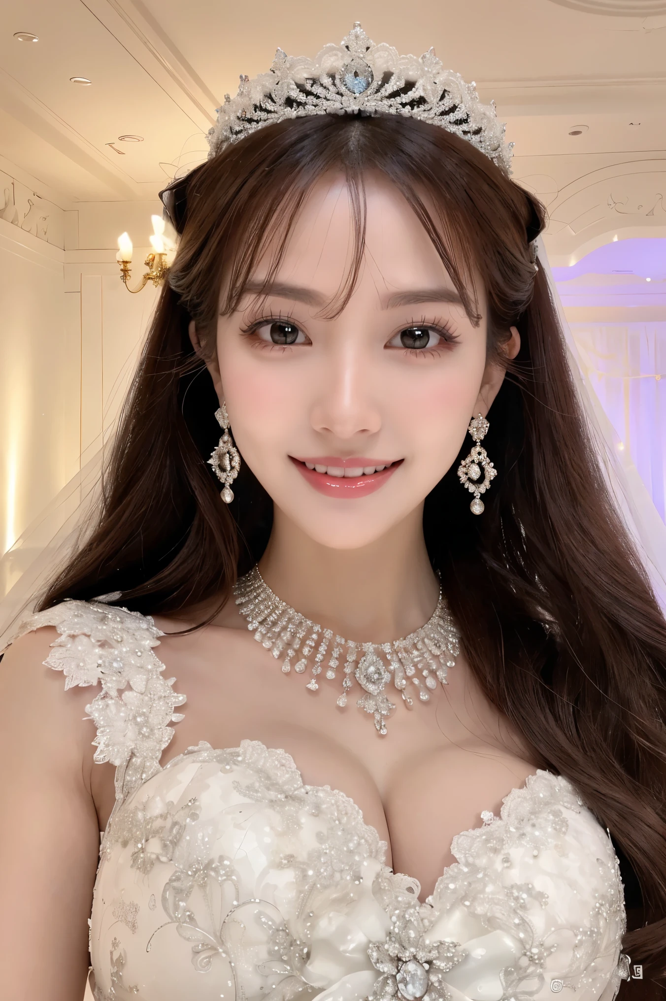 (highest quality、Tabletop、8k、Best image quality、Award-winning works)、One beautiful bride、(alone:1.1)、(The most extravagant and gorgeous huge wedding dresses:1.1)、(Perfect Wedding Lace:1.2)、(The most extravagant and luxurious giant tiara:1.1)、(The most extravagant and luxurious giant necklace:1.1)、The most beautiful smile is looking at me、A wide selection of the finest jewellery、(Bridal upper body photo:1.1)、Perfect Makeup、Long eyelashes、Ultra HD Shining Eyes、Ultra HD Hair、Ultra High Resolution Glossy Lips、Ultra High Resolution Perfect Teeth、Beautiful face in ultra-high definition、(Accurate anatomy:1.1)、(Very bright and beautiful skin:1.2)、(very bright and vivid:1.2)、(Luxury wedding venue background:1.1)