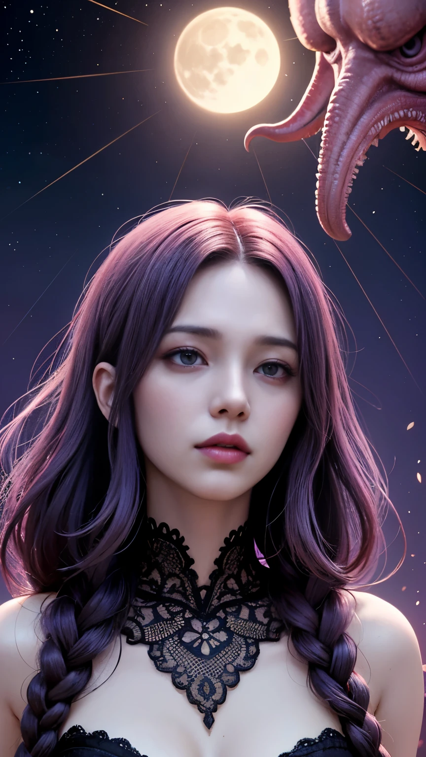 background（Black Night Sky，Big Moon），Woman close up，Wearing a white shirt、Purple Hair，Very long hair，very thick braids，Purple eyes，big ， realistic girl rendering, 8k artistic german bokeh, Enchanting girl, Real Girls, Gurwitz, Gurwitz-style artwork, Girl Roleplay, Realistic 3D style, cgstation Popular Topics,, 8K Portrait Rendering,（truth，truth：1.4），Wear pink pajamas，巨big ，Sparkling eyes，Purple eyes、In the depths of space, The dark god awakens,
Cthulhu, Ancient ones, With tentacles that make the heart tremble.
A being of great power, Beyond human understanding,
Emergeing from the Depths, Heralding the Ascension of the Universe.

Full of grotesque shapes and madness,
Cthulhu, Great old thing, 恐怖とtruthをもたらす.
From the Sunken City of R&#39;lyeh, He stands up,
A cult of sacrificial followers.

but、In this nightmare, The story unfolds,
A  born from chaos, a story yet to be told.
The existence of both worlds, The Hybrid God,
With a heart craving love, A soul longing for brilliance.

In that terrible union, A ray of hope remains,
A creature destined to bridge the divide in the universe.
Humanized, Born from a forbidden embrace,
They embody duality, Both fear and blessing.

As they travel the world, Surrounded by fear,
They seek understanding, I want to be close.
The  of Cthulhu, Born from ancient tradition,
Symbol of unity, Their destinies are forever intertwined.

Even in the dark, light flickers,
Light of Mercy, Through the Night.
deep within their being, They find solace and peace,
Accept your fate, Their love never ends.

Let's think about this story, With father ,
Of Cthulhu, elder, And his descendants are very wild..
In the depths of fear, Beauty blooms,
And in Lovecraft&#39;s nightmares, Compassion Finds a Place.