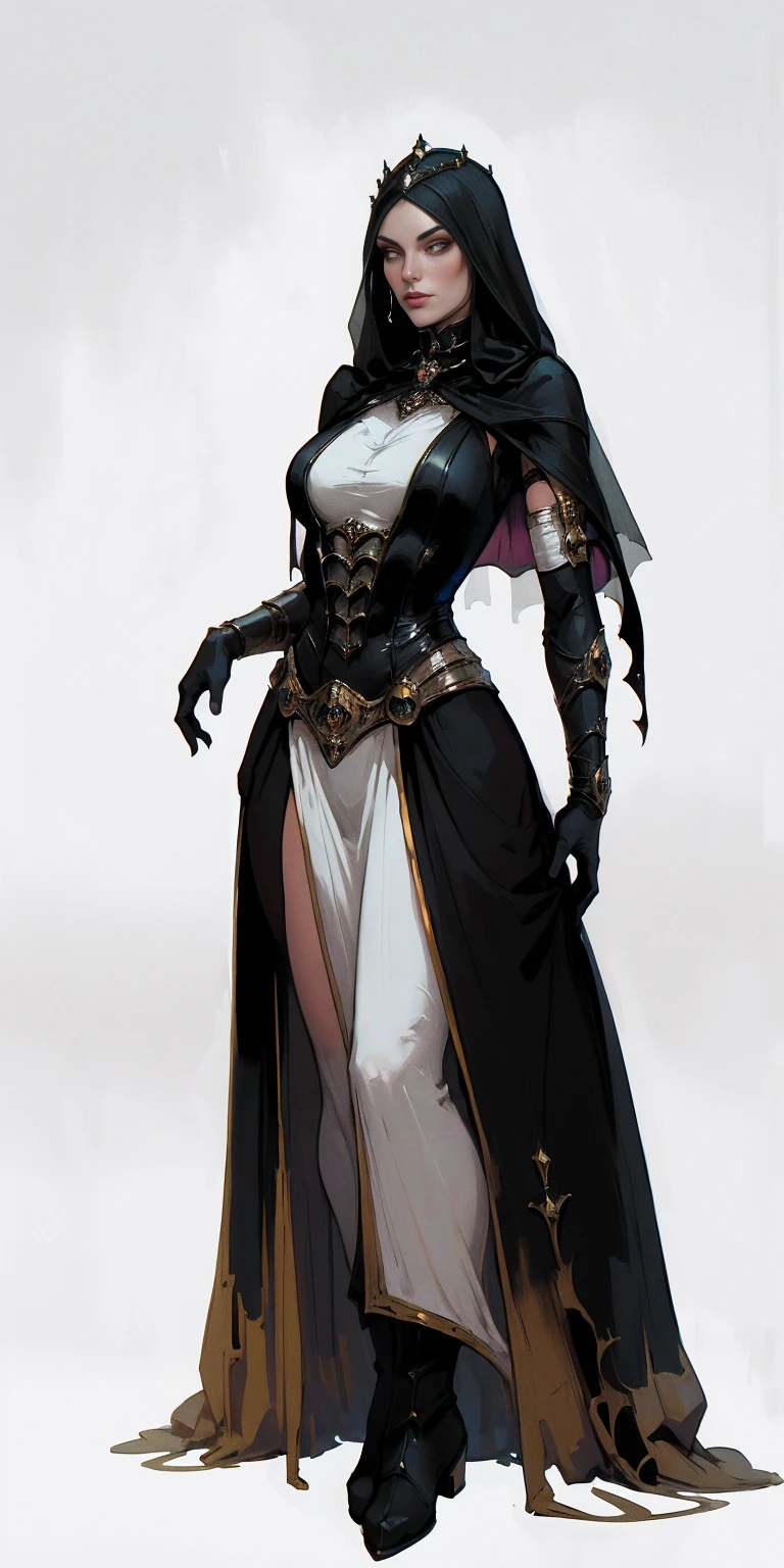 ((white background)) full body of a woman in a dress with a veil, feet together, standing feet together, military boots, beautiful fantasy maiden slave warrior, beautiful fantasy art portrait, fantasy Victorian art, medieval fantasy art, beautiful and elegant queen, portrait of queen of light, fantasy portrait art, gothic fantasy art, a beautiful fantasy empress, hands on hips