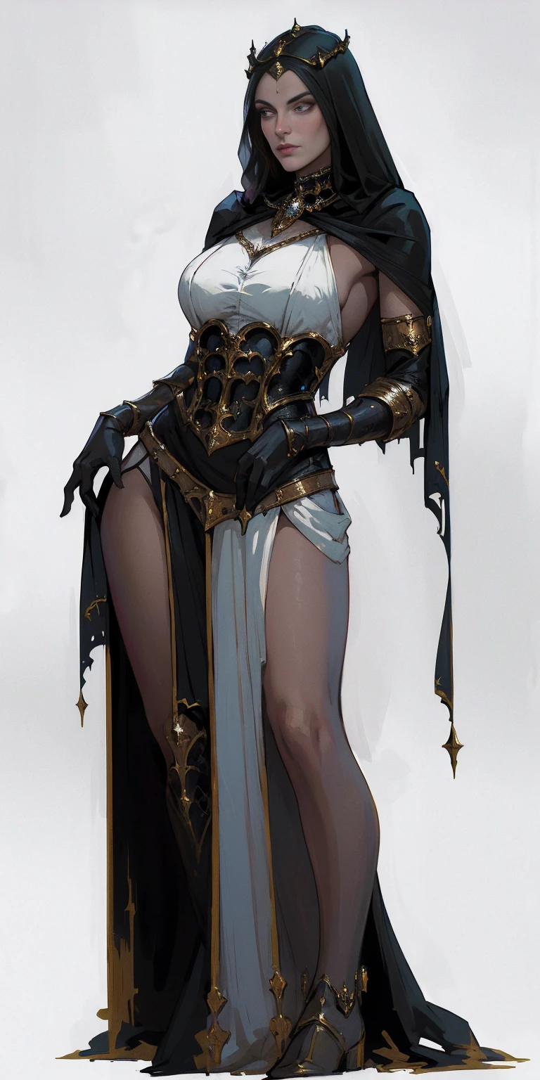 ((white background)) full body of a woman in a dress with a veil, feet together, standing feet together, military boots, beautiful fantasy maiden slave warrior, beautiful fantasy art portrait, fantasy Victorian art, medieval fantasy art, beautiful and elegant queen, portrait of queen of light, fantasy portrait art, gothic fantasy art, a beautiful fantasy empress, hands on hips