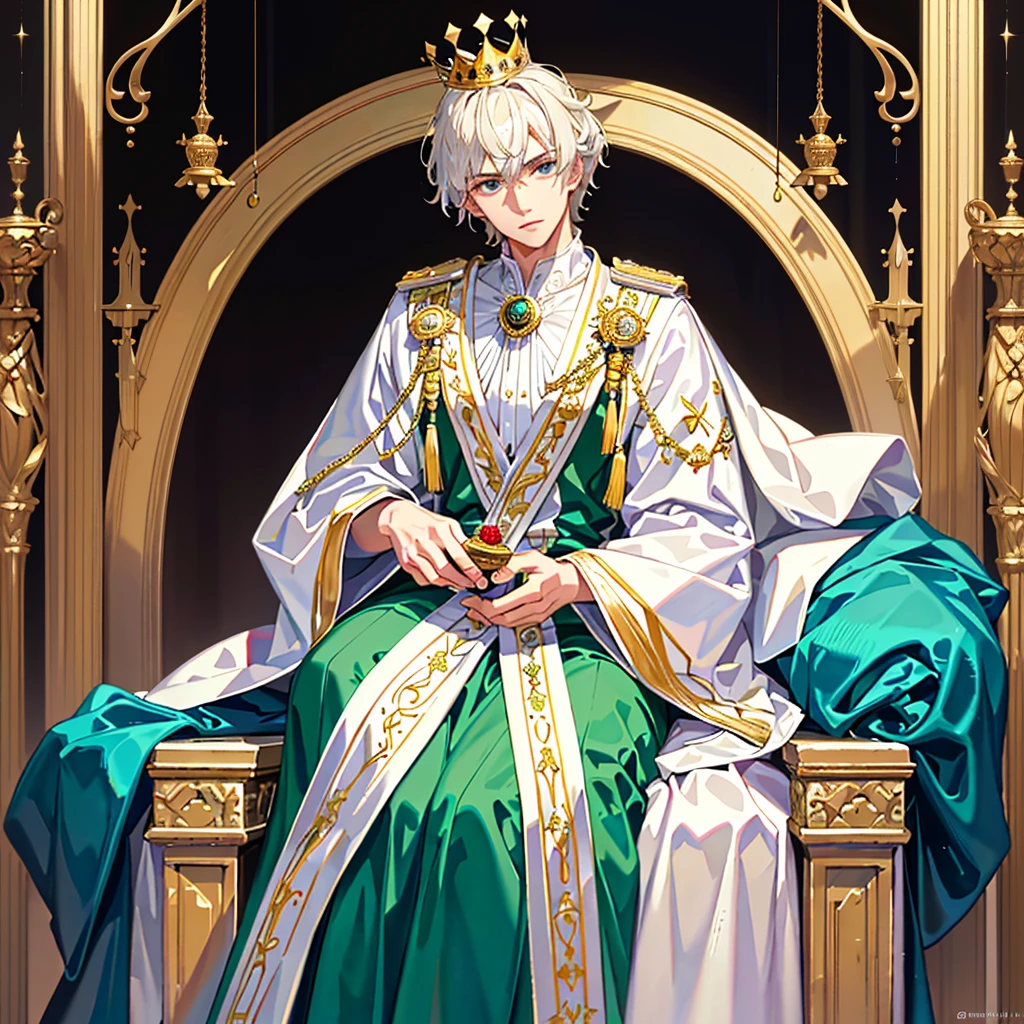 22-year-old man, crowned king outfit, ultra-realistic realism, masterpiece, Best quality, hyper-detailing, Spotlight, movie lighting, finely detailed, intricate details,
Platinum blonde hair, emerald green eyes, fair skin, seated on a throne, surrounded by red rose bushes, holding a coin in his right hand, two hands, two foot, stepping on a crown with his right foot, (impatient gaze, self-assured expression), white shirt, green cloak, (chiseled jawline, muscular build), (missing the crown's rim with his right foot)
4K, HighDynamicRange, A high resolution, physically