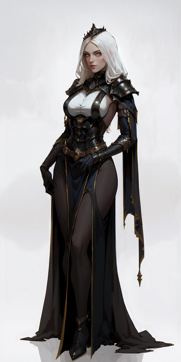 ((white background)) full body of a woman in a dress with a veil, feet together, standing feet together, military boots, beautiful fantasy maiden slave warrior, beautiful fantasy art portrait, fantasy Victorian art, medieval fantasy art, beautiful and elegant queen, portrait of queen of light, fantasy portrait art, gothic fantasy art, a beautiful fantasy empress, hands on hips