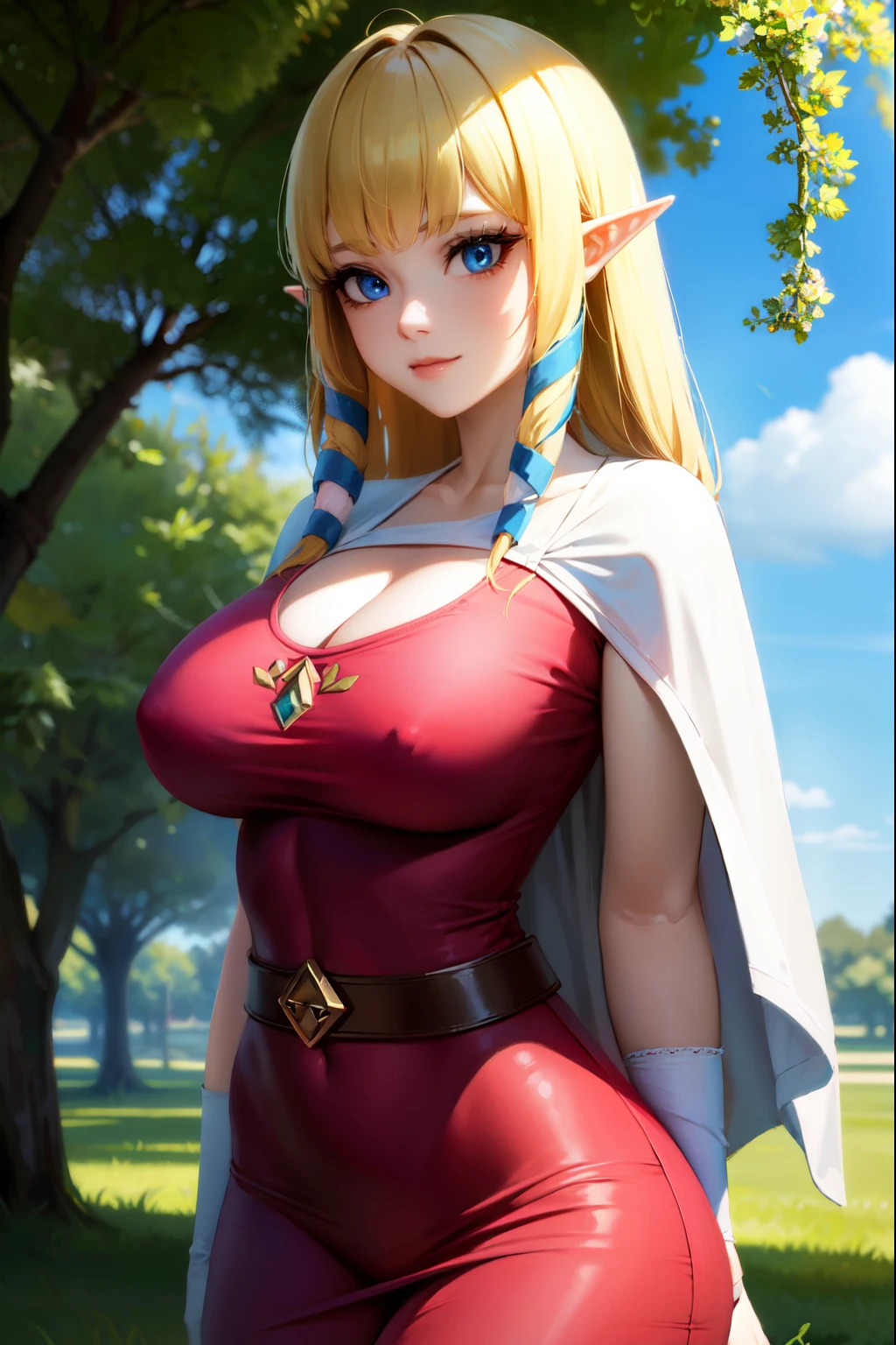 princesszelda, zelda skyward sword, blonde hair, blue eyes, long hair, pointy ears, sidelocks, elf, bangs, blunt bangs, ribbons, hair ribbons, smile,
BREAK belt, cape, dress, long sleeves, (pink dress:1.2), (white cape:1.2),
BREAK outdoors, nature, forest, trees, grass, sun, sky, clouds,
BREAK looking at viewer,
BREAK (masterpiece:1.2), best quality, high resolution, unity 8k wallpaper, (illustration:0.8), (beautiful detailed eyes:1.6), extremely detailed face, perfect lighting, extremely detailed CG, (perfect hands, perfect anatomy), large breasts