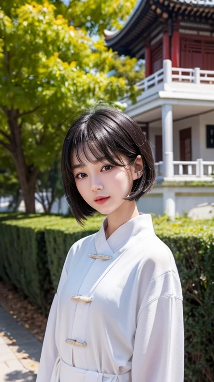 A Chinese girl，period，She is short，Very white face，Her eyes were on her small, slightly pointed face.，Looks particularly black and large。Oily black short hair，Divide and stick tightly on the temples。The mouth is small，Full lower lip，When speaking，Always with a slight smile。