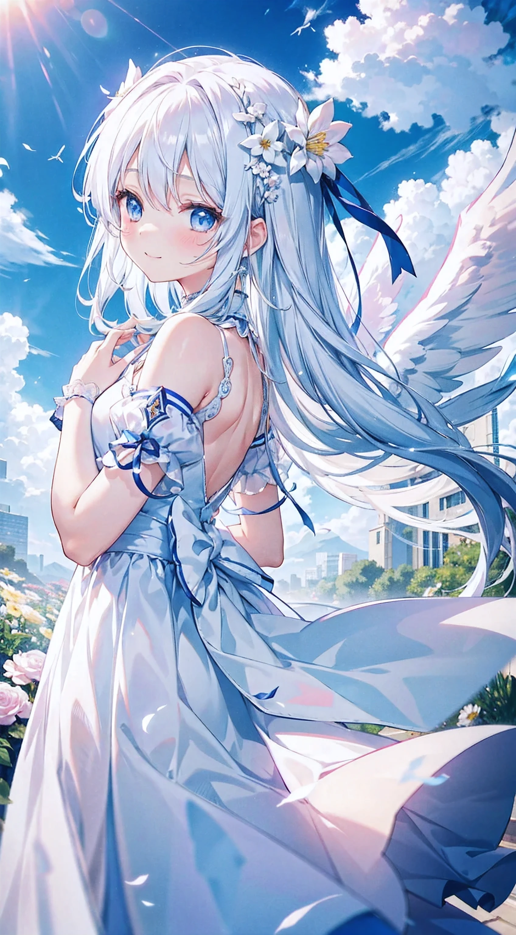 A cute angel girl with long white hair and blue eyes、、Angel wings on the back、Floating in the air、Close your eyes and smile、White dress、Angel wings and flowers fluttering