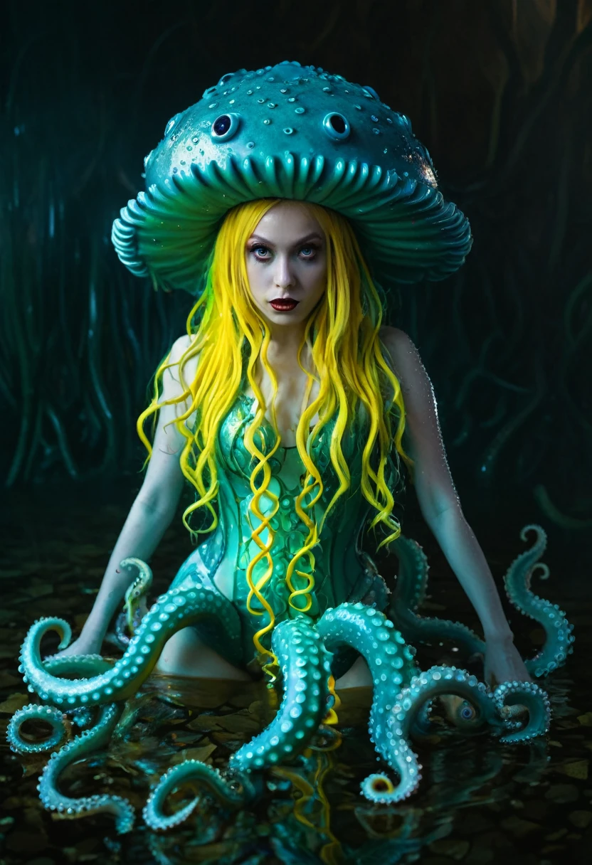 8K, ARTISTIC photogrAphy, best quAlity, mAsterpiece: 1.2), A (potrAit:1.2) witch BLOOD Toon Doll Cthulhu police QUEEN, EYES, CYAN many octopus style tentacles, full body RAW candid cinema, yellow hair, 16mm, color graded portra 400 film, remarkable color, ultra realistic, sad admosphere, dark lighting, oppressive atmosphere, depressive colors, kodak portra 400, photograph,r, Natural Light, Pinhead lighgts, blur reflection, Brush Strokes, Smooth, abstract, Splatter, Oil On Canvas, rainbow colors, fractal isometrics details bioluminescens : a stunning realistic photograph of wet bone structure, 3d render, octane render, intricately detailed, titanium decorative headdress, cinematic, trending on artstation | Isometric | Centered