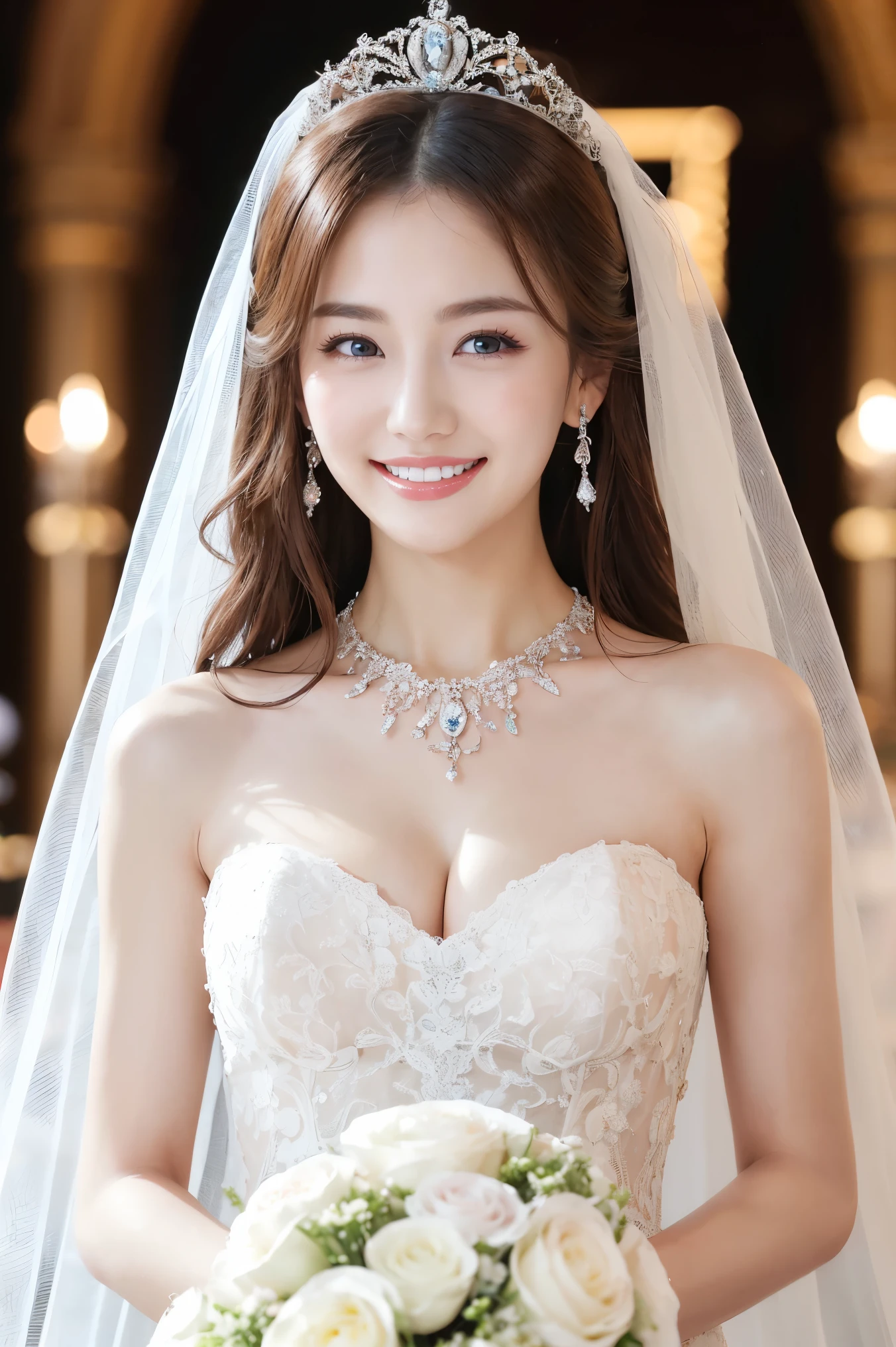 (highest quality、Tabletop、8k、Best image quality、Award-winning works)、One beautiful bride、(alone:1.1)、(The most extravagant and gorgeous huge wedding dresses:1.1)、(Perfect Wedding Lace:1.2)、(The most extravagant and luxurious giant tiara:1.1)、(The most extravagant and luxurious giant necklace:1.1)、The most beautiful smile is looking at me、A wide selection of the finest jewellery、(Bridal upper body photo:1.1)、Perfect Makeup、Long eyelashes、Ultra HD Shining Eyes、Ultra HD Hair、Ultra High Resolution Glossy Lips、Ultra High Resolution Perfect Teeth、Beautiful face in ultra-high definition、(Accurate anatomy:1.1)、(Very bright and beautiful skin:1.2)、(very bright and vivid:1.2)、(Luxury wedding venue background:1.1)
