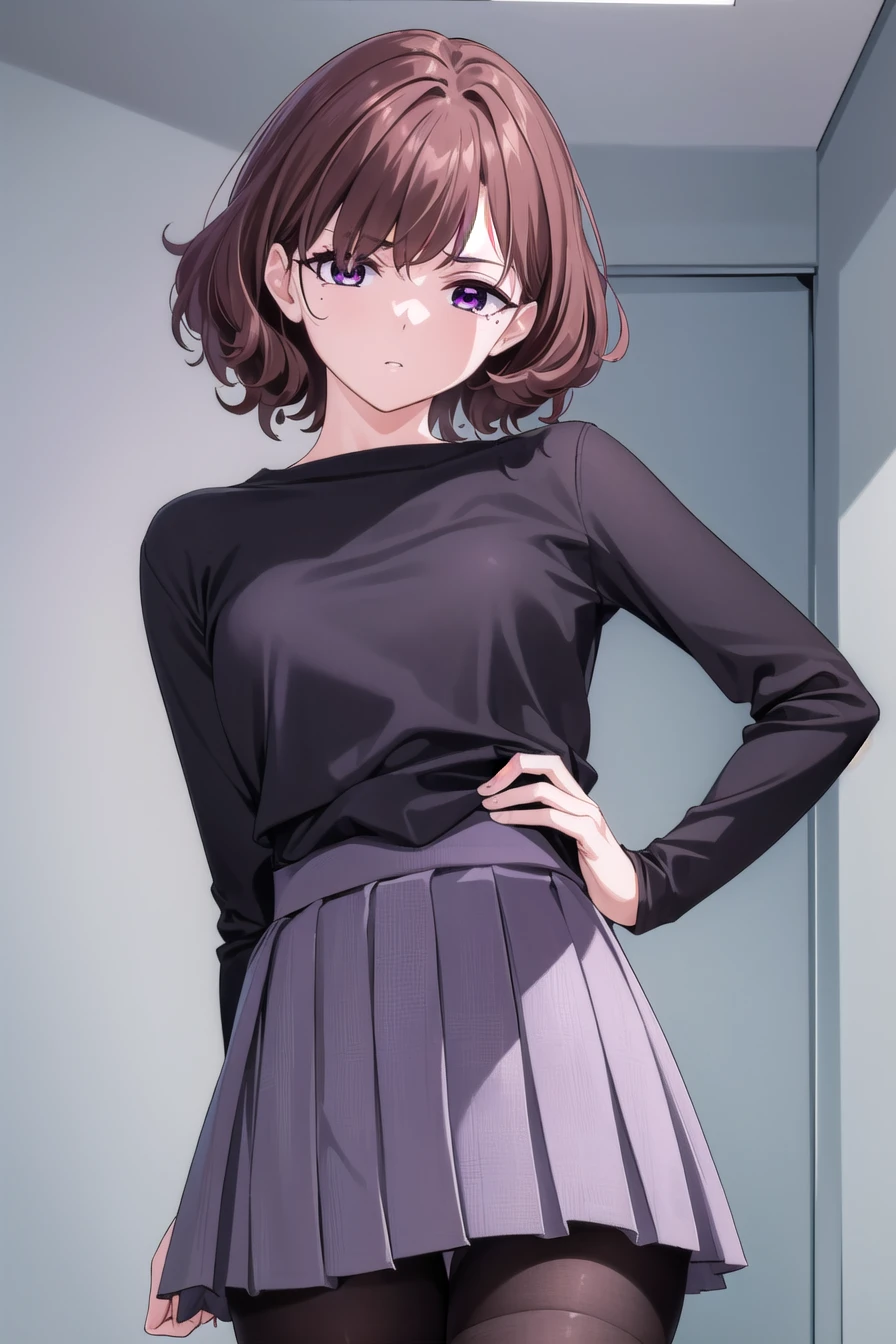 Hinokiguchi Madoka, Higuchi Zodo, brown hair, Eyebrows covered by hair, Gray background, Hair accessories, Hairpin, mole, mole under eye, (Purple Eyes:1.1), short hair, curls,
rest black Pantyhose, black shirt, Pantyhose, lattice, lattice skirt, pleated skirt, , shirt, skirt,
rest indoors, floor,
rest looking at viewer, (Cowboy shooting:1.5),
rest (masterpiece:1.2), best quality, high resolution, Unity 8k Wallpaper, (illustration:0.8), (Beautiful and delicate eyes:1.6), Extremely detailed face, Perfect lighting, Extremely detailed CG, (Perfect hands, Perfect anatomical structure),