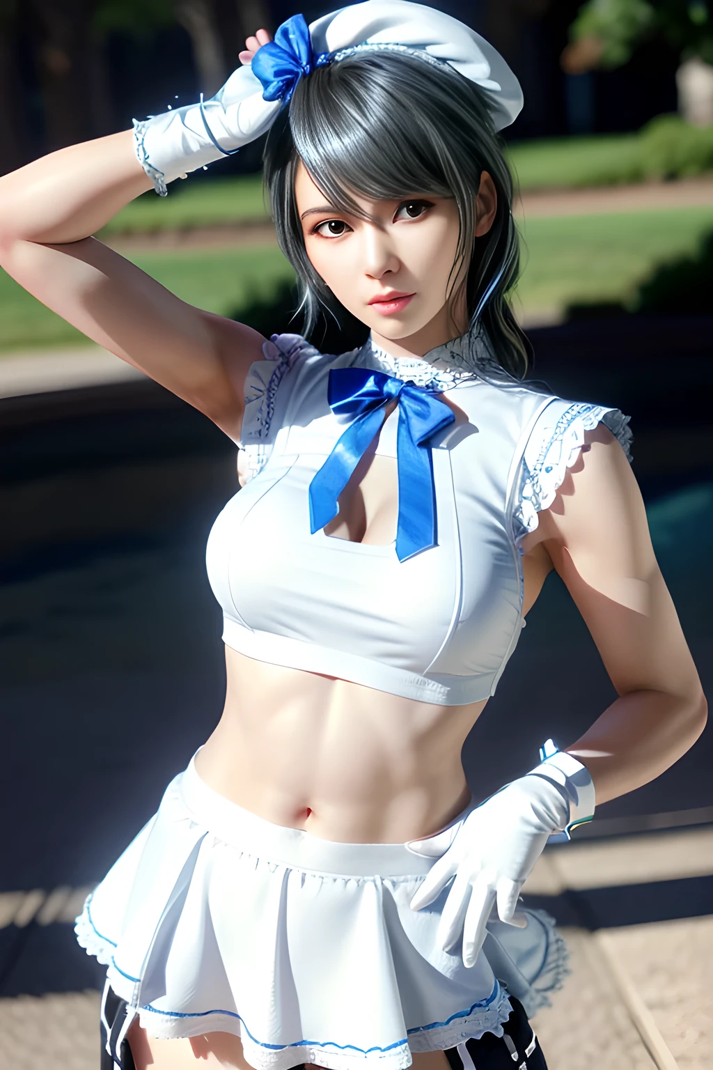 1girl, BREAK (white and black theme:1.4), (fusion of (sleeveless white high neck and collared [crop top]) and (black puff sleeves):1.4), (white tops and black short sleeves:1.2), (wearing a white half apron over a black skirt:1.4), (waist cincher:1.3), (white half apron), ((white maid head-band with ruffles on head, white brim on head):1.3), (white thigh high stockings:1.4), ((white arm warmers, white long glove):1.3), BREAK (light-blue theme:1.2), (light-blue lines on skirt:1.3), (light-blue ribbon bow:1.3),  , appealing cleavage,( beautiful tattoo:1.2), overhead view, beautiful detailed eyes, beautiful detailed lips, extremely detailed eyes and face, long eyelashes, feminine charm, detailed texture, snug fit, fashionable, soft fabric, radiant skin, (best quality,4k,8k,highres,masterpiece:1.2), ultra-detailed, (realistic,photorealistic,photo-realistic:1.37), tamaki