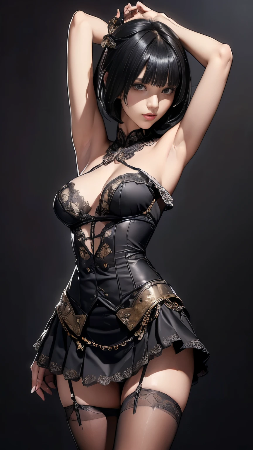 A view from above of a tall young woman with a slender and busty frame. long, straight, black hair reaching her mid-back with short bangs framing her forehead in a more elaborate updo formed from braids wrapping around her head and upturned red eyes. a form-fitting halter-style black dress that shows off her shoulders and chest, with a rose choker and a red rose pattern on the inside of her skirt. The front of the skirt is mid-thigh length, while the back reaches below her knees. She also wears a pair of black thigh-high boots with a rose symbol at the bottom of their sole and black fingerless gloves. The headband she wears is gold colored with a rose and two spikes on each side.