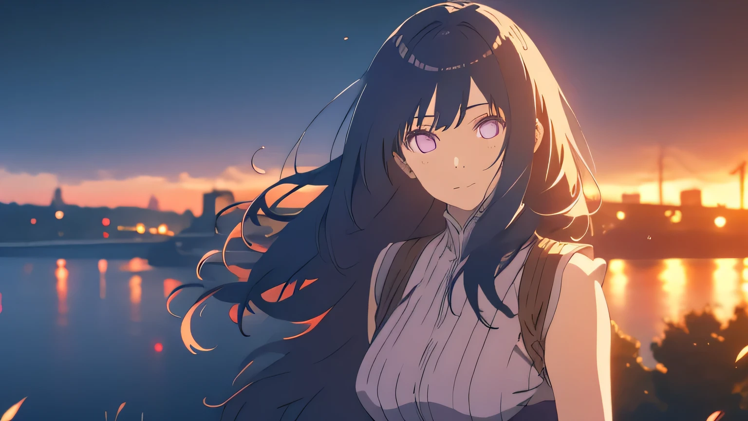 City。stroll。anime。Cute older sister。night。Blue Moment。Beautiful light blue night sky。anime style。Gentle lines。Head to waist。front。Looking into the camera。Please show me the wonderful scenery (highest quality, High resolution, Realistic), Vibrant colors, Professional Lighting.