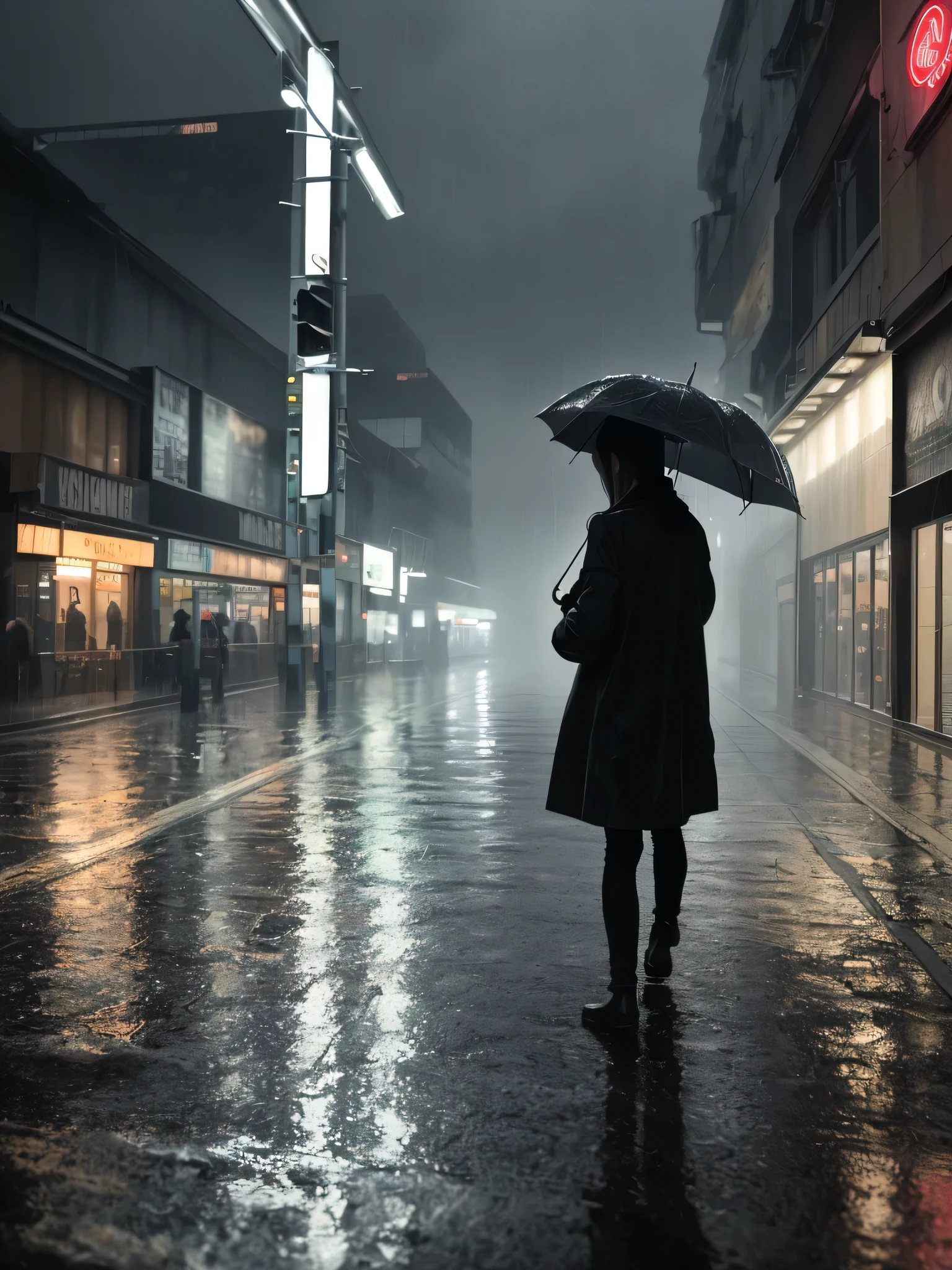 (best quality,16k,highres,masterpiece:1.2),ultra-detailed,(realistic,photorealistic,photo-realistic:1.37), figure walking in a rainy city, illuminated streets, wet pavements, reflections of neon lights, misty atmosphere, dripping water, blurred city lights, puddles on the ground, dark and moody, rainy street scene, urban solitude, melancholic ambiance, gloomy weather, raindrops falling, soaked clothes, umbrellas, echoing footsteps