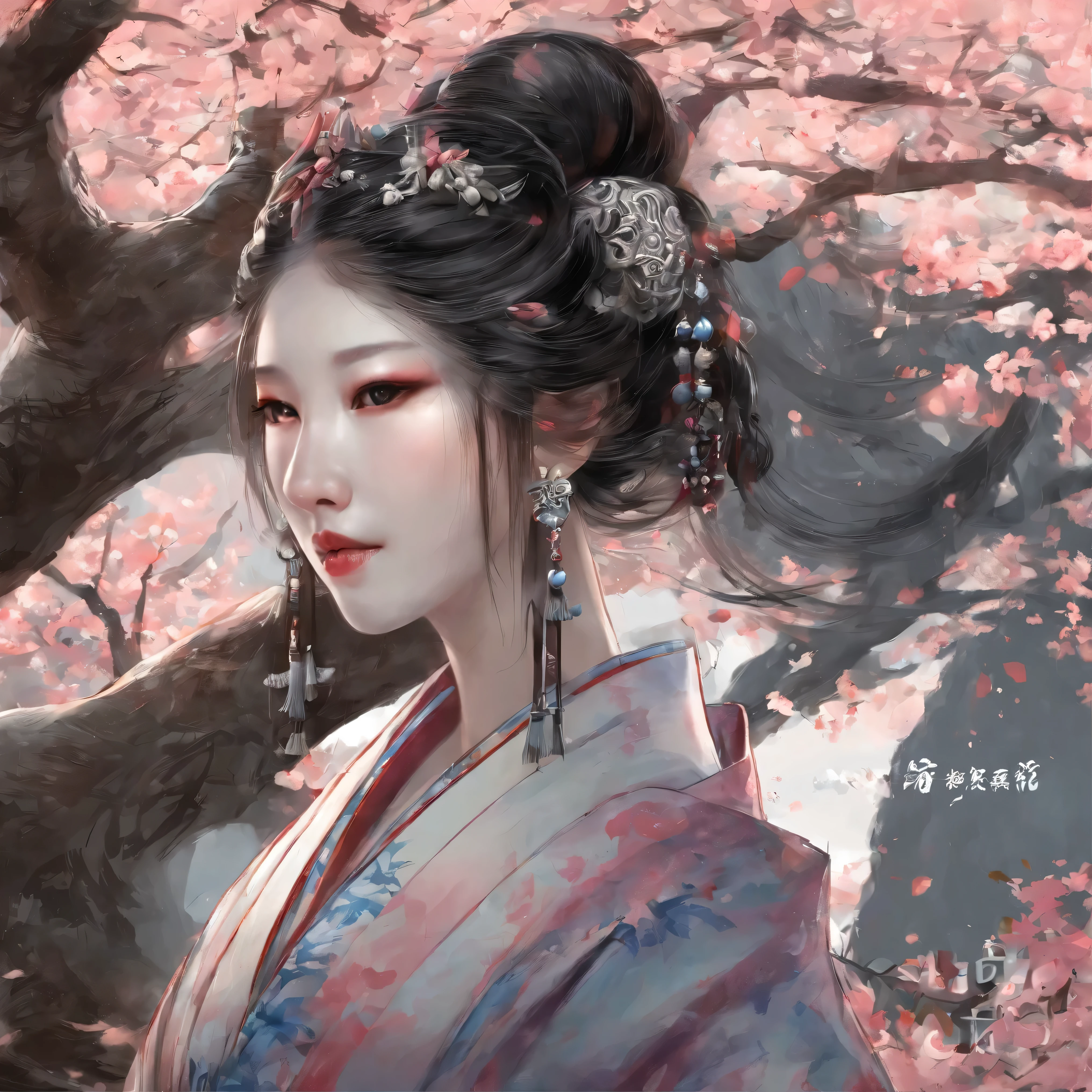 1. Scene description: - An assassin in the form of a female samurai wearing a skull mask。 （A girl dressed as a samurai with a skull mask-like face） - Detailed facial features: sharp eyes、pronounced nose、lips。 (Beautiful and detailed eyes、Beautiful and detailed lips) - Additional details: Long eyelashes、Intense expression、A strong and confident posture。 (Very detailed目と顔、Long eyelashes) 2.material: ·An illustration：Characters are depicted by hand.、 - Media: High resolution digital illustration、 - Artistic style: Combining elements of dark fantasy and traditional Japanese art、 3. Scene details: - background: Cherry blossoms in full bloom and a moonlit garden、 - Lighting: The soft moonlight casts a shadow、Illuminates the character&#39;s facial features、 -atmosphere: Mysterious and fascinating、Full of expectations、 4.image quality: - highest quality、High resolution：（highest quality、High resolution） - Super detailed：（Super detailed） - Realistic style: (Realistic) - Bright colors：（Bright colors） 5. Color Palette: - Main color: Black in the character&#39;s clothing and mask、gray、Shades of silver、 ·Cherry tree：Gentle pink and white、 - Moonlit Sky: Deep blue and purple with a silvery tint、 6. Overall prompt: With a face resembling a skull、Dressed as a samurai、A girl with beautiful eyes and lips、sheVery detailed目と顔、Long eyelashesを持っています、she、Combining dark fantasy with elements of traditional Japanese art、High resolutionのデジタルイラストで描かれています。The stage is illuminated by moonlight、A garden with cherry blossoms in full bloom、The light is soft moonlight、It casts shadows and illuminates the character&#39;s facial features.、The atmosphere is mysterious and fascinating.、Full of expectations、The image is of highest quality、High resolution、Very detailed、Photorealistic style、Color Palette、The character&#39;s costume and mask are black.、gray、Shades of silver included、Cherry trees have soft pink and white、The moonlit sky contains deep blues and purples with a silvery tint、

