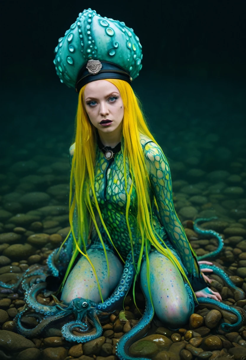 8K, ARTISTIC photogrAphy, best quAlity, mAsterpiece: 1.2), A (potrAit:1.2)  witch BLOOD Toon Doll Cthulhu police QUEEN, EYES, CYAN many octopus style tentacles, full body RAW candid cinema, yellow hair, 16mm, color graded portra 400 film, remarkable color, ultra realistic, sad admosphere, dark lighting, oppressive atmosphere, depressive colors, kodak portra 400, photograph,r, Natural Light, Pinhead lighgts, blur reflection, Brush Strokes, Smooth, abstract, Splatter, Oil On Canvas, rainbow colors, fractal isometrics details bioluminescens : a stunning realistic photograph of wet bone structure, 3d render, octane render, intricately detailed, titanium decorative headdress, cinematic, trending on artstation | Isometric | Centered