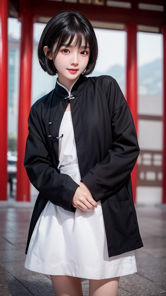 A Chinese girl，period，She is short，Very white face，Her eyes were on her small, slightly pointed face.，Looks particularly black and large。Oily black short hair，Divide and stick tightly on the temples。The mouth is small，Full lower lip，When speaking，Always with a slight smile。