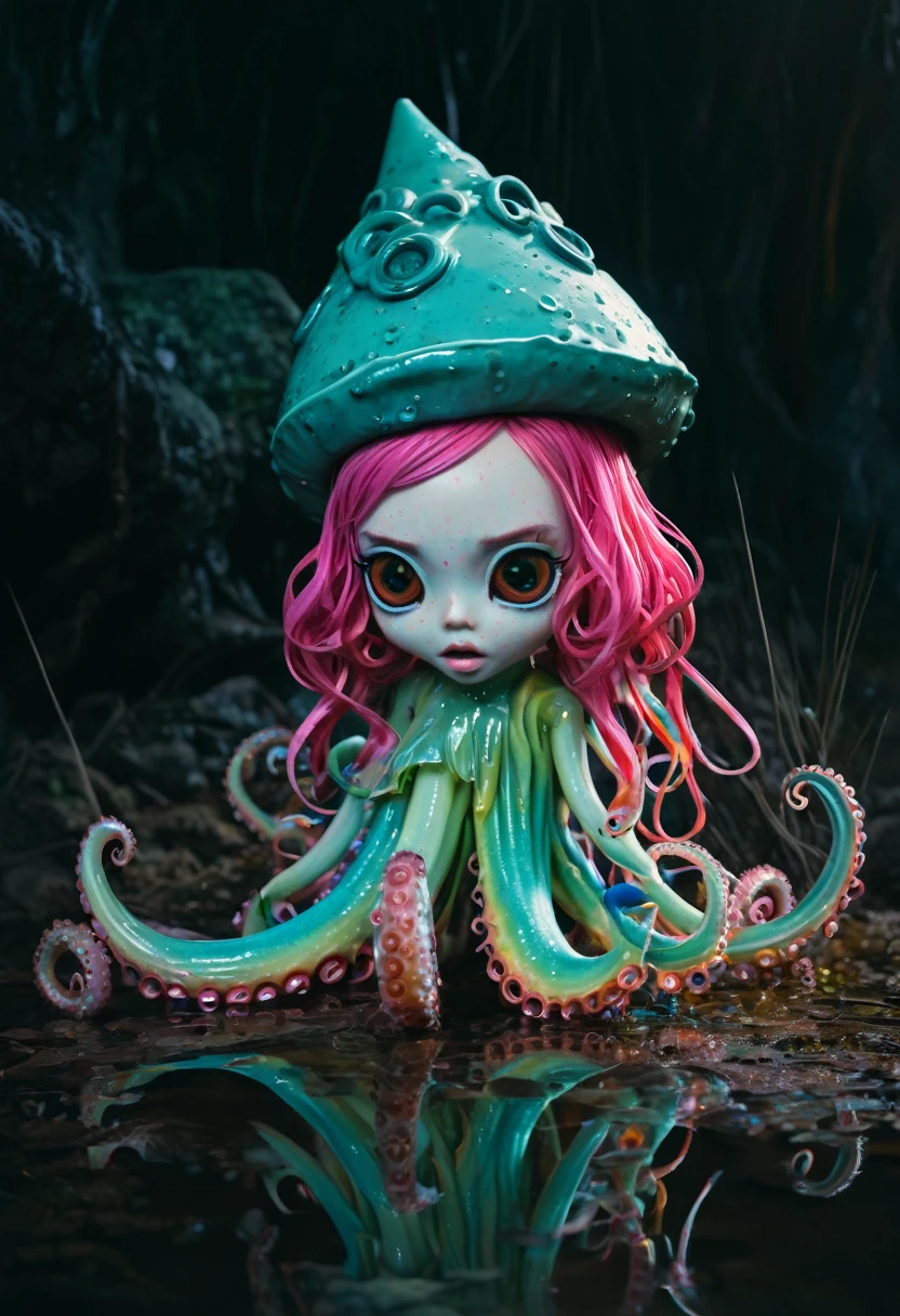 8K, ARTISTIC photogrAphy, best quAlity, mAsterpiece: 1.2), A (potrAit:1.2) witch BLOOD Toon Doll Cthulhu police, EYES, CYAN many octopus style tentacles, full body RAW candid cinema, pink hair, 16mm, color graded portra 400 film, remarkable color, ultra realistic, sad admosphere, dark lighting, oppressive atmosphere, depressive colors, kodak portra 400, photograph,r, Natural Light, Pinhead lighgts, blur reflection, Brush Strokes, Smooth, abstract, Splatter, Oil On Canvas, rainbow colors, fractal isometrics details bioluminescens : a stunning realistic photograph of wet bone structure, 3d render, octane render, intricately detailed, titanium decorative headdress, cinematic, trending on artstation | Isometric | Centered