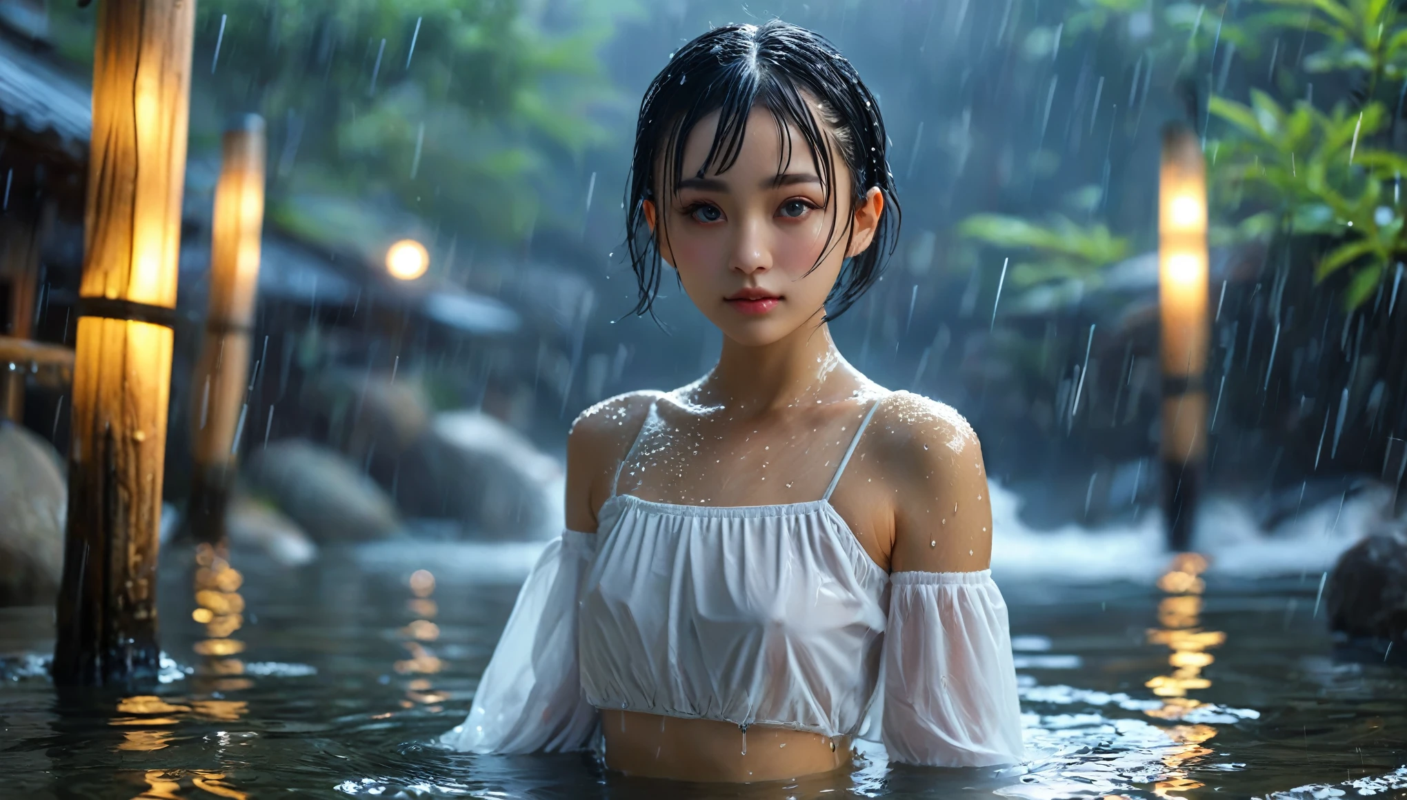 Top Quality, Masterpiece, High Resolution, 8k, wide objective, full body shot, ((cute girl in a onsen, wet see-through blouse, short pixie asymmetrical hair, small perky breasts, beautiful detailed eyes, beautiful detailed lips, extremely detailed face, no lipstick, no makeup, at night, dim light))