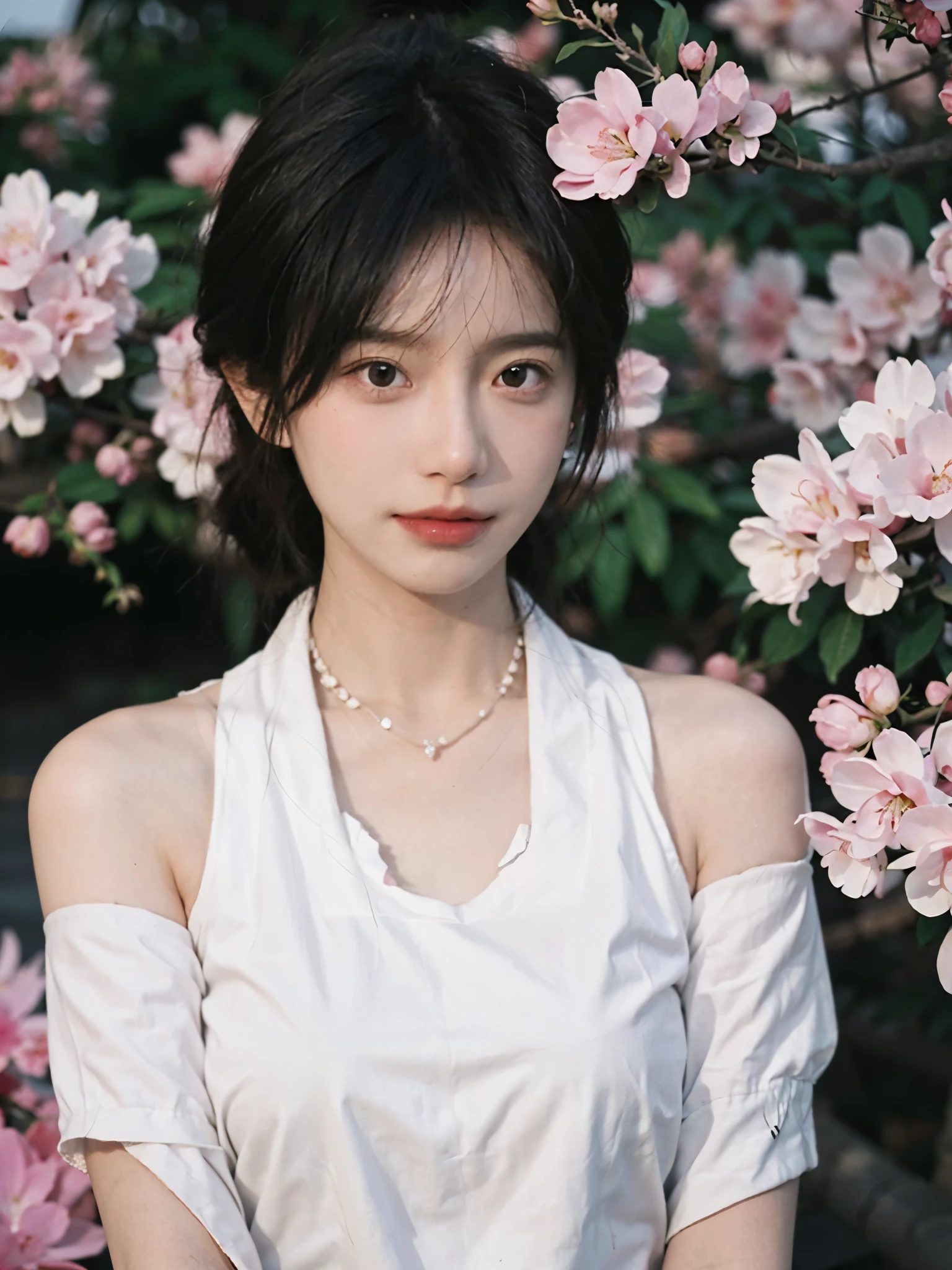 Film portrait photography, 2 girls, 2 Bare Shoulders,lipstick,(flat chest:1.4), Double tail, wear necklace,scarf,Look directly,earrings,short sleeves,serene, calm, (Realistic and detailed eyes, natural skin texture, Realistic facial details), Soft dramatic lighting, depth of field, Bokeh,cherry blossom grove, Vibrant details, Detailed and detailed, surreal, 35mm film, hazy, whole body,