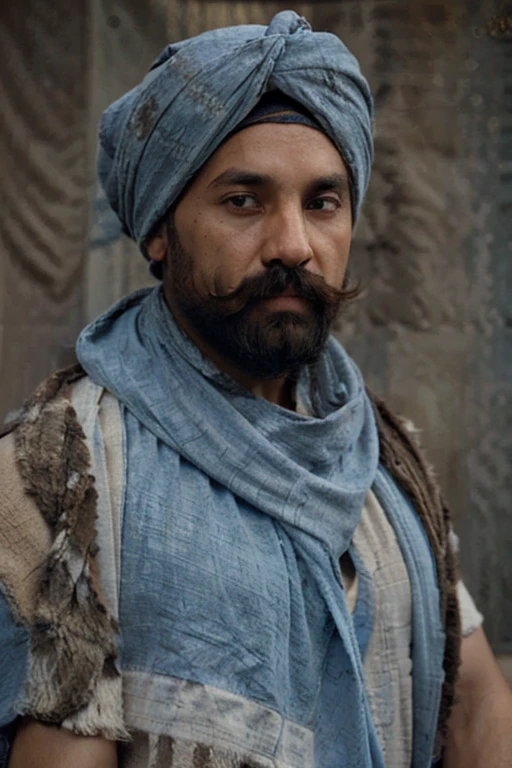 An American man in a light blue robe with a mustache and a brown turban, the turban has colorful scarves wrapped around it