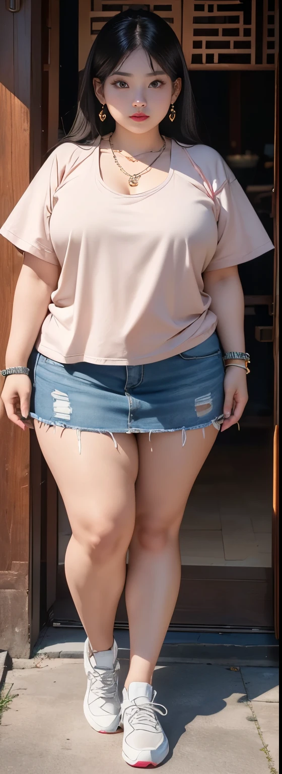 (Best quality,8k,ultra high res:1.2), (Pretty chinese-Indonesian girl), (tiny breasts:0.8),(Indonesia hooded clothes and thight denim skirt:0.9), (thick thighs:0.9), (obese body), (tradtional plain ), (sfw), (45-year-old ), (SFW), (FULL BODY), (wearing a sneakers), (Wearing two earrings), (wearing 10 bracelets), (wearing a diamond necklace), 